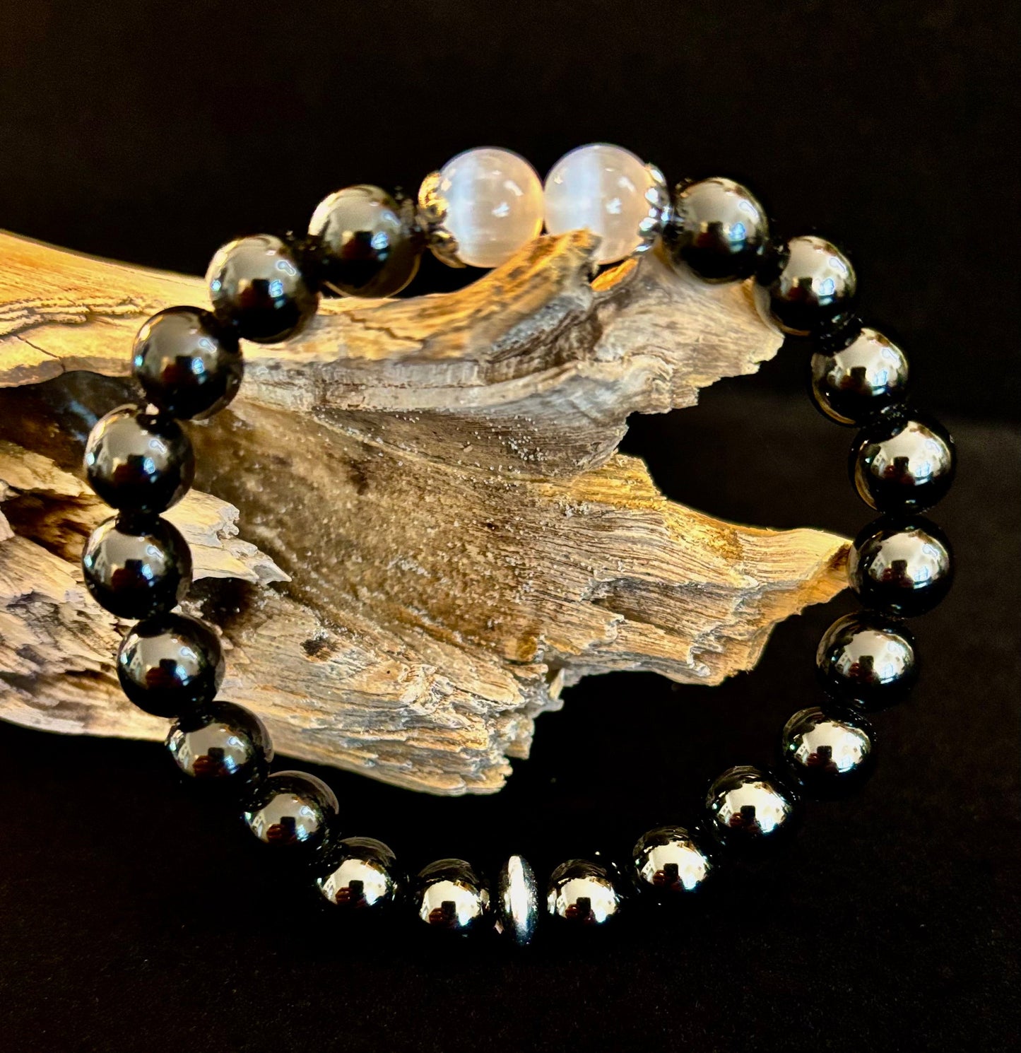Pulsera Escudo Energético – Pulsera Protectora de Obsidiana Negra y Selenita