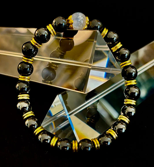Pulsera Equilibrio Divino – Selenita y Obsidiana Negra con Detalles Dorados