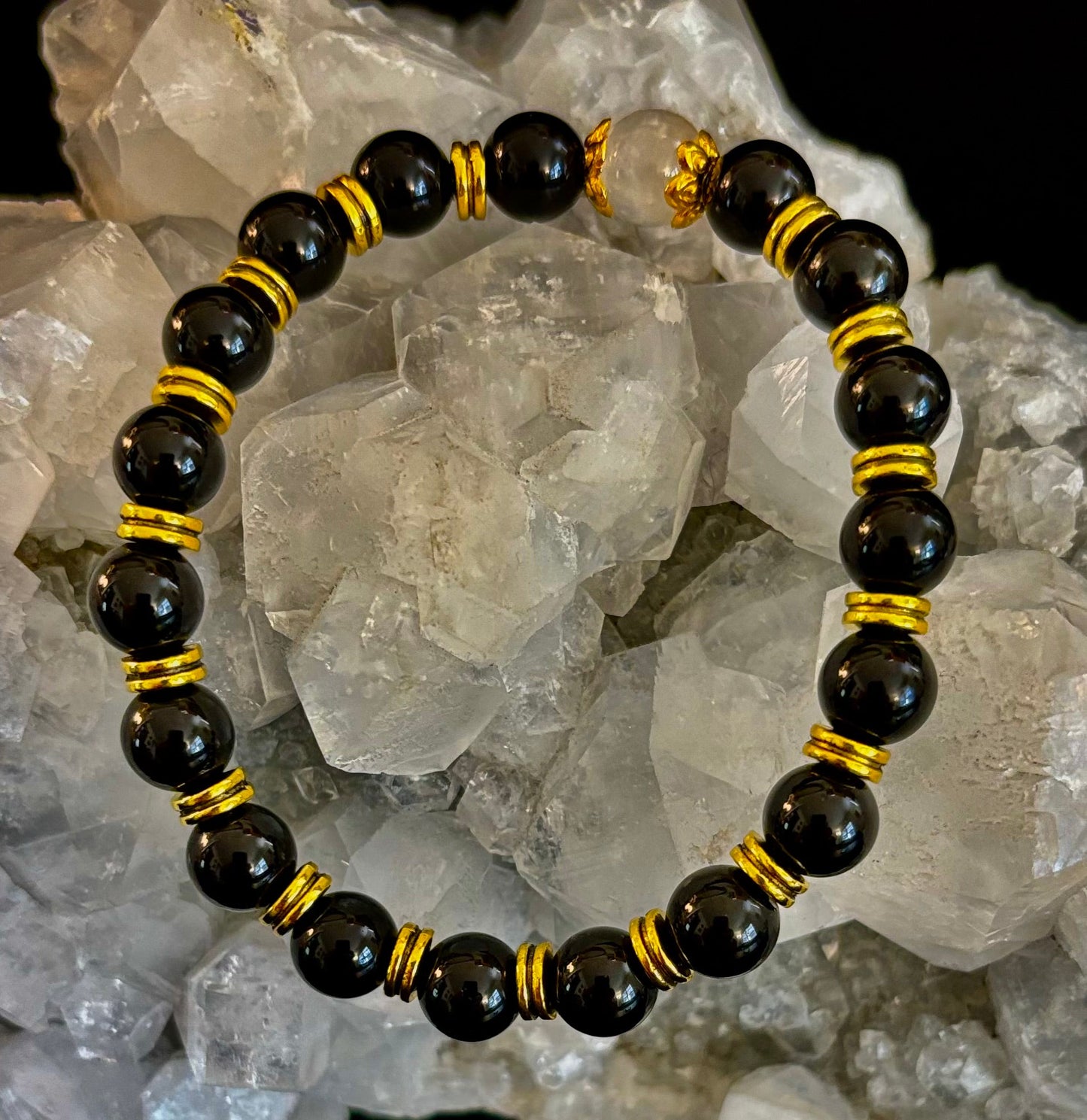 Pulsera Equilibrio Divino – Selenita y Obsidiana Negra con Detalles Dorados
