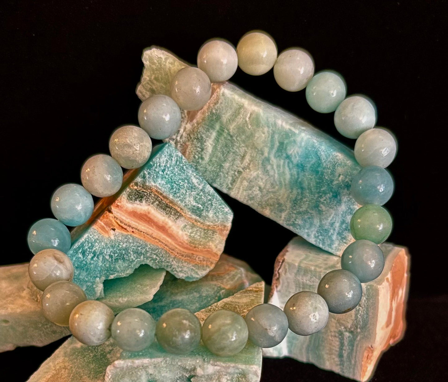 Pulsera de cuentas energéticas de amazonita – Calma • Fuerza • Equilibrio (8 mm, muñeca grande)