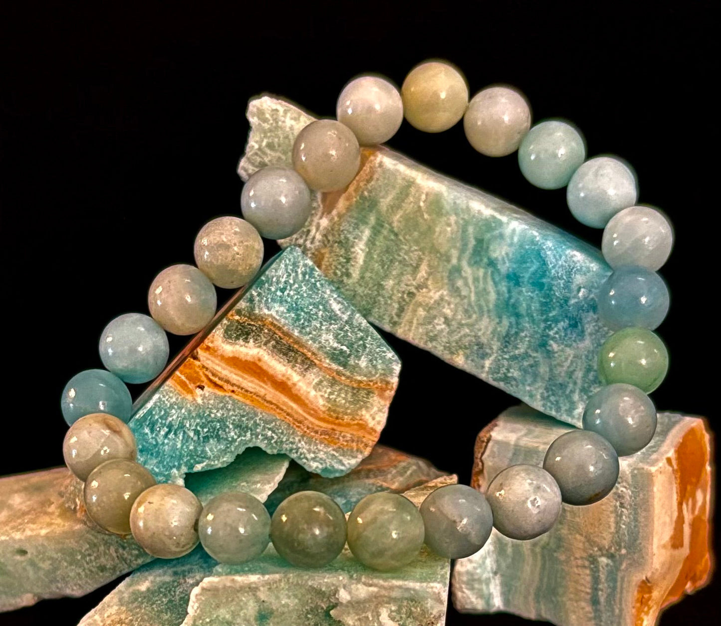 Pulsera de cuentas energéticas de amazonita – Calma • Fuerza • Equilibrio (8 mm, muñeca grande)