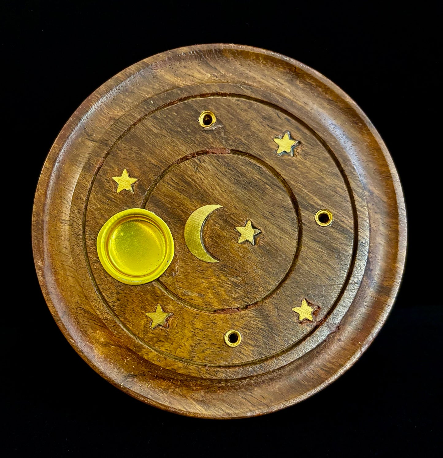 Quemador de incienso de luna y estrellas hecho a mano | Soporte redondo de madera para conos y varillas de la India
