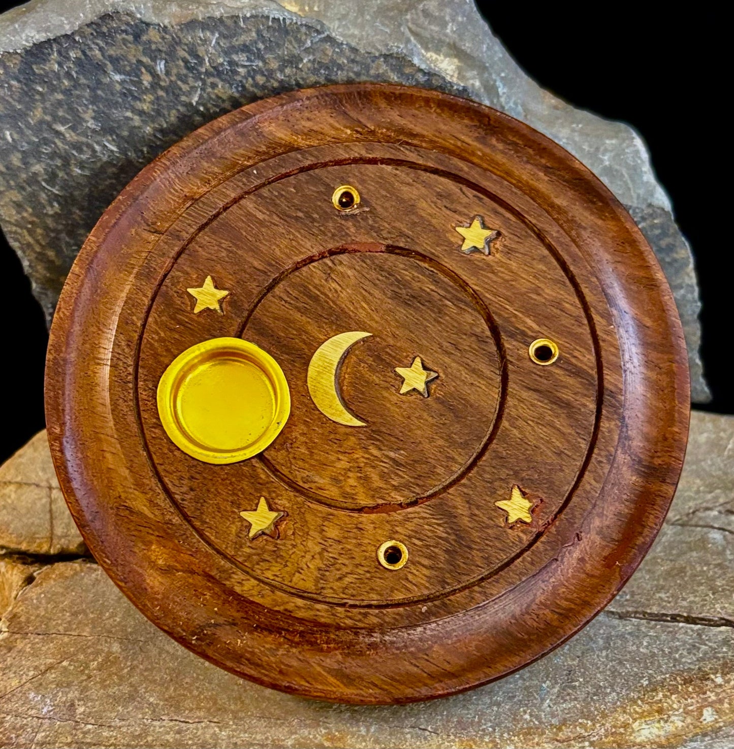 Quemador de incienso de luna y estrellas hecho a mano | Soporte redondo de madera para conos y varillas de la India