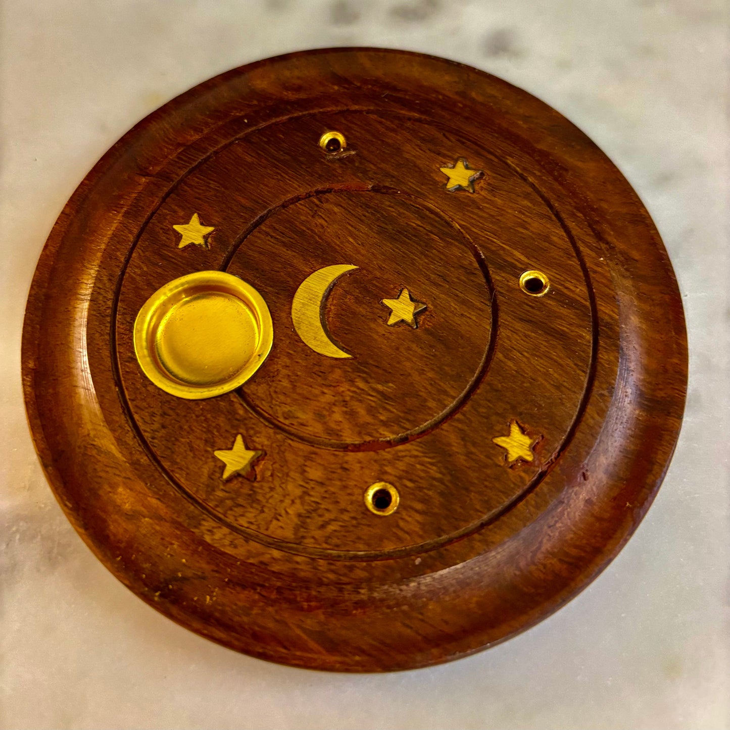 Quemador de incienso de luna y estrellas hecho a mano | Soporte redondo de madera para conos y varillas de la India