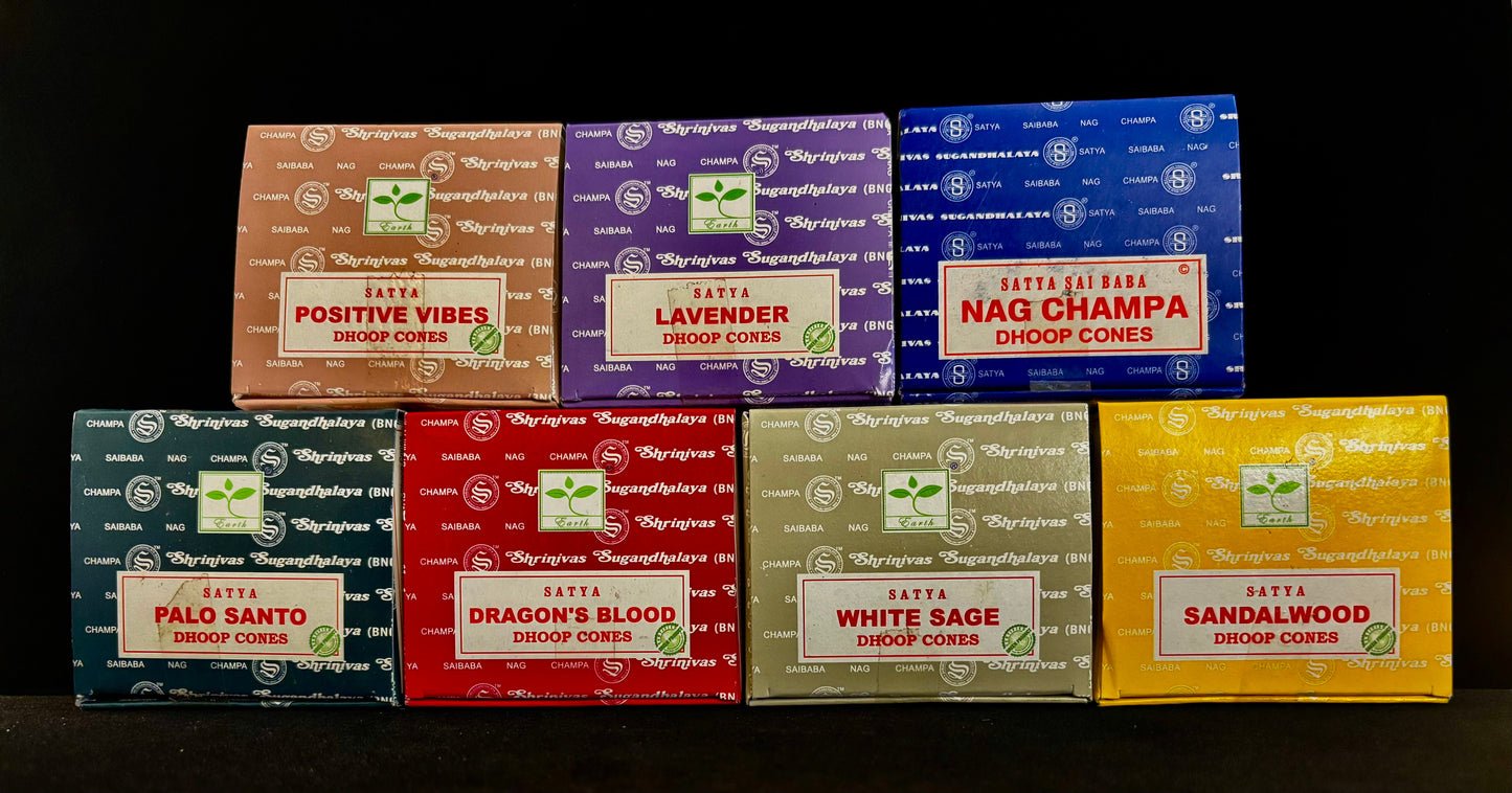 Conos de Incienso Satya Dhoop | 7 fragancias de la India – Nag Champa, Palo Santo, Sándalo y más