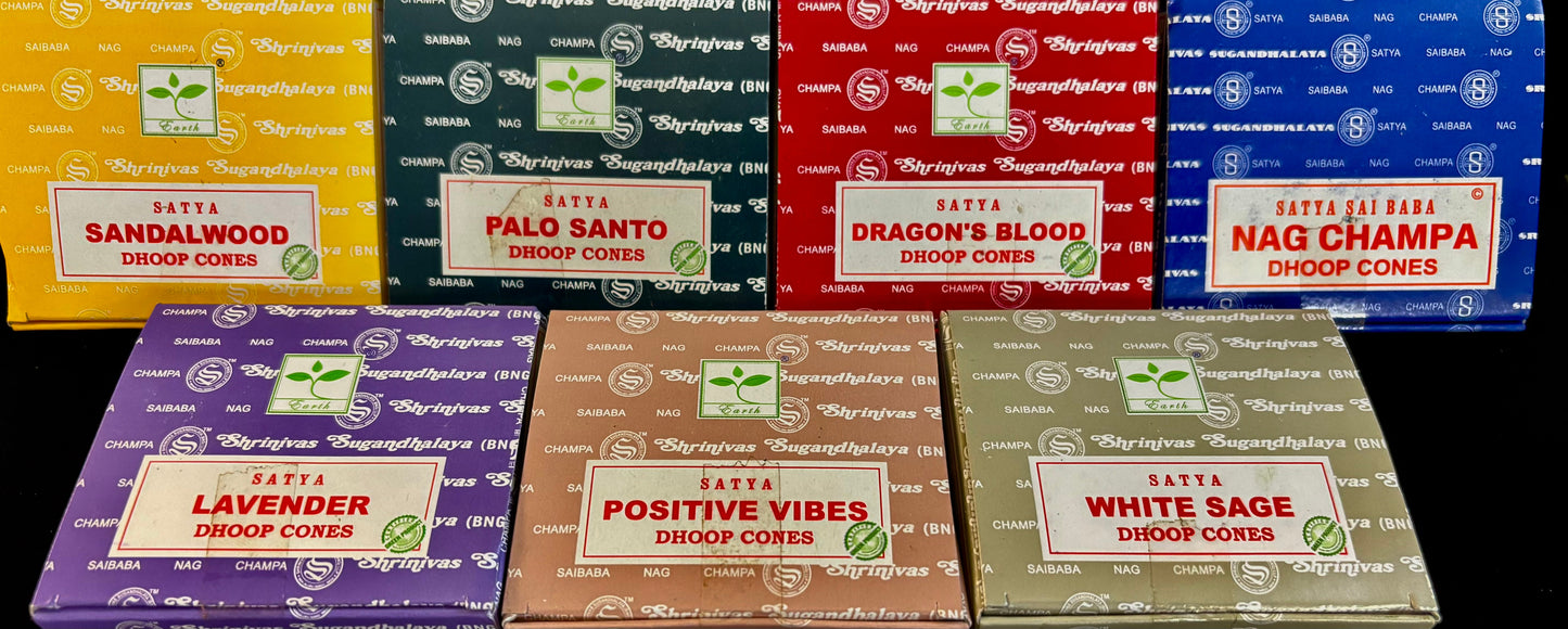 Conos de Incienso Satya Dhoop | 7 fragancias de la India – Nag Champa, Palo Santo, Sándalo y más