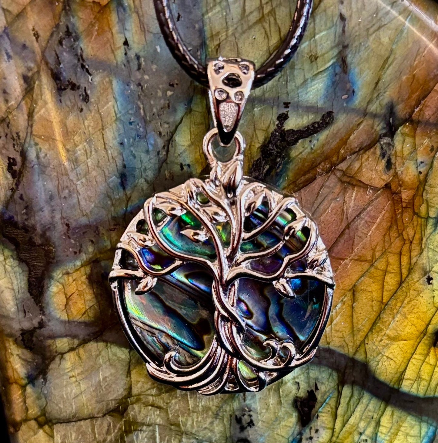 Collar con Colgante de Abalón Árbol de la Vida | Cadena de Cuerda de 23” | Símbolo de Crecimiento, Fuerza y Armonía