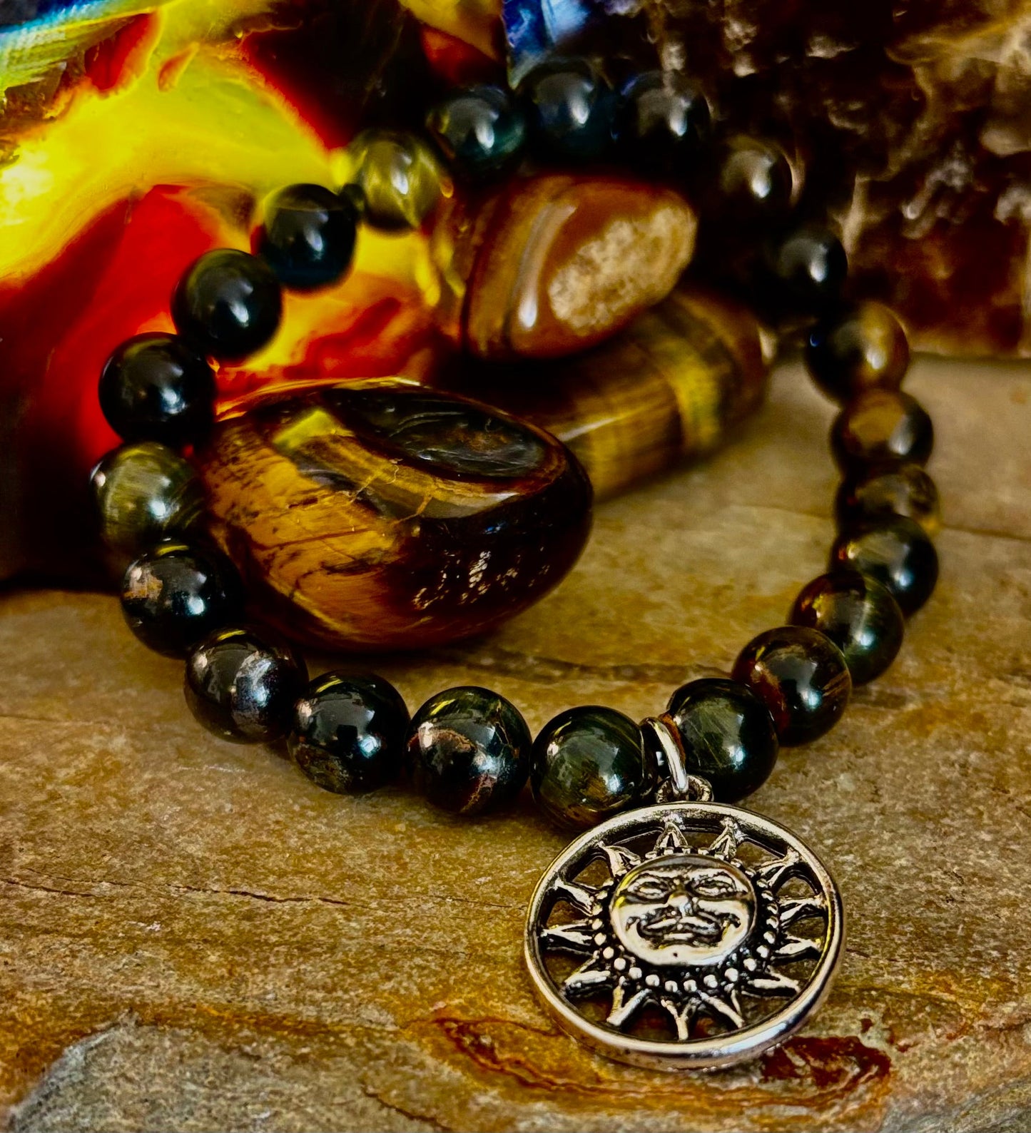 Colección de pulseras con dijes de piedra natural 7 Maravillas | Cuentas de gema curativa de 8 mm con dijes de plata (Muñecas Pequeñas a Medianas)