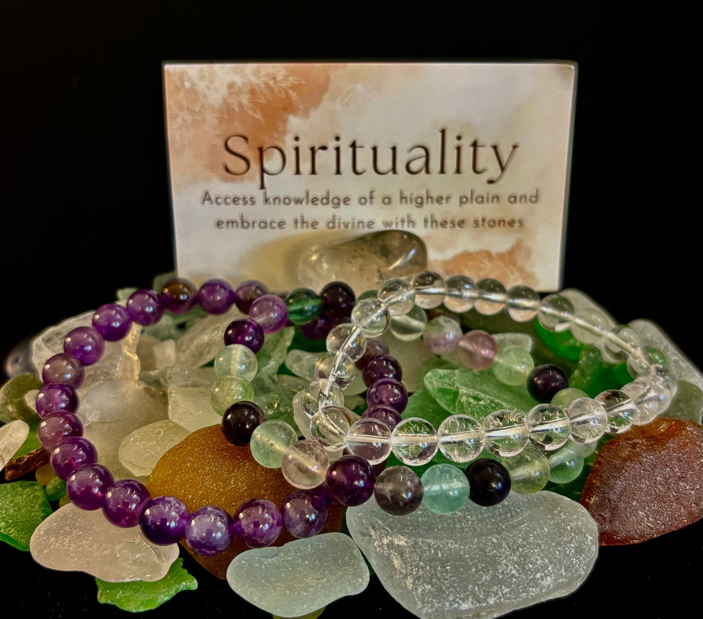 Juego de pulseras con intenciones – Espiritualidad (cuarzo transparente, amatista y fluorita)