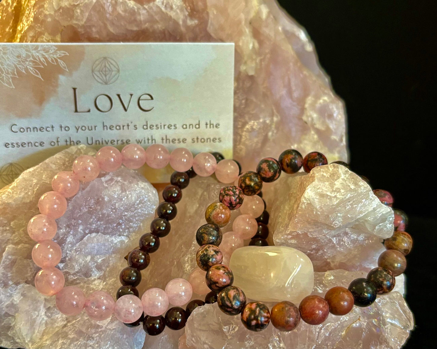 Conjunto de Pulseras de Intenciones – Amor (Cuarzo Rosa, Rodonita y Granate)