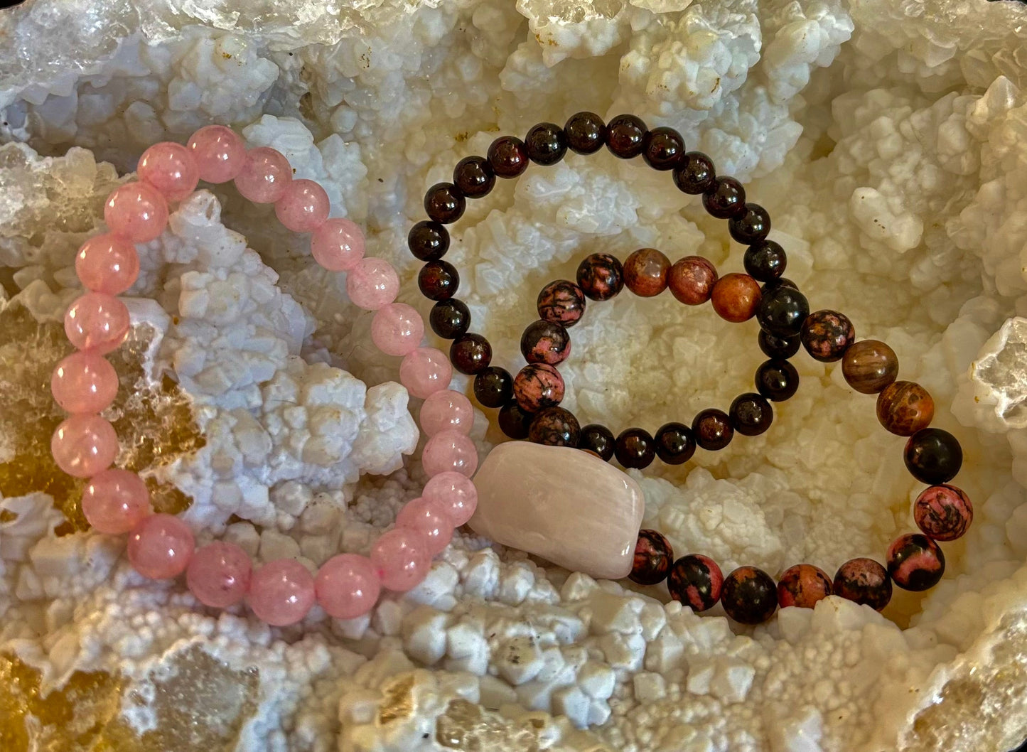 Conjunto de Pulseras de Intenciones – Amor (Cuarzo Rosa, Rodonita y Granate)
