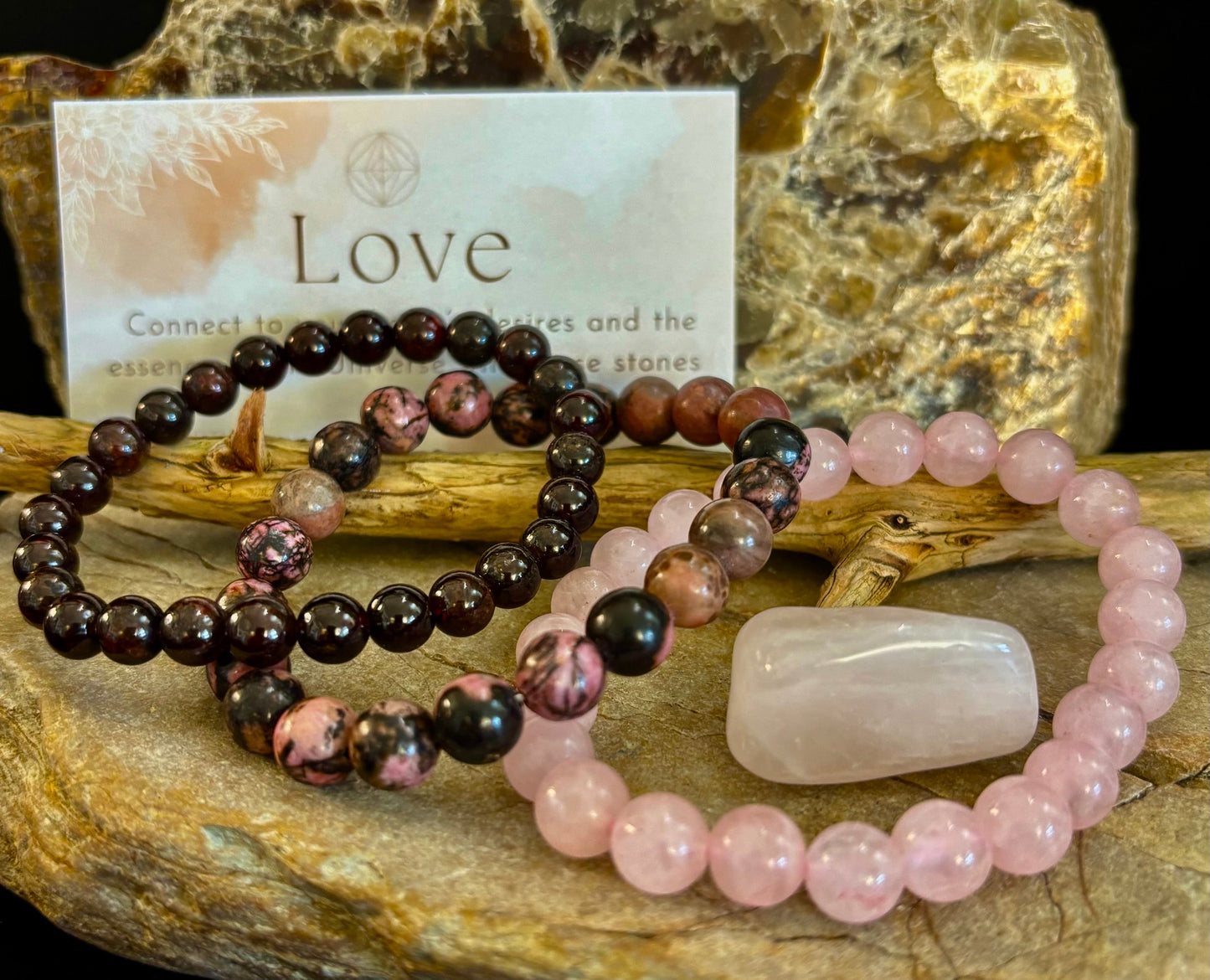 Conjunto de Pulseras de Intenciones – Amor (Cuarzo Rosa, Rodonita y Granate)