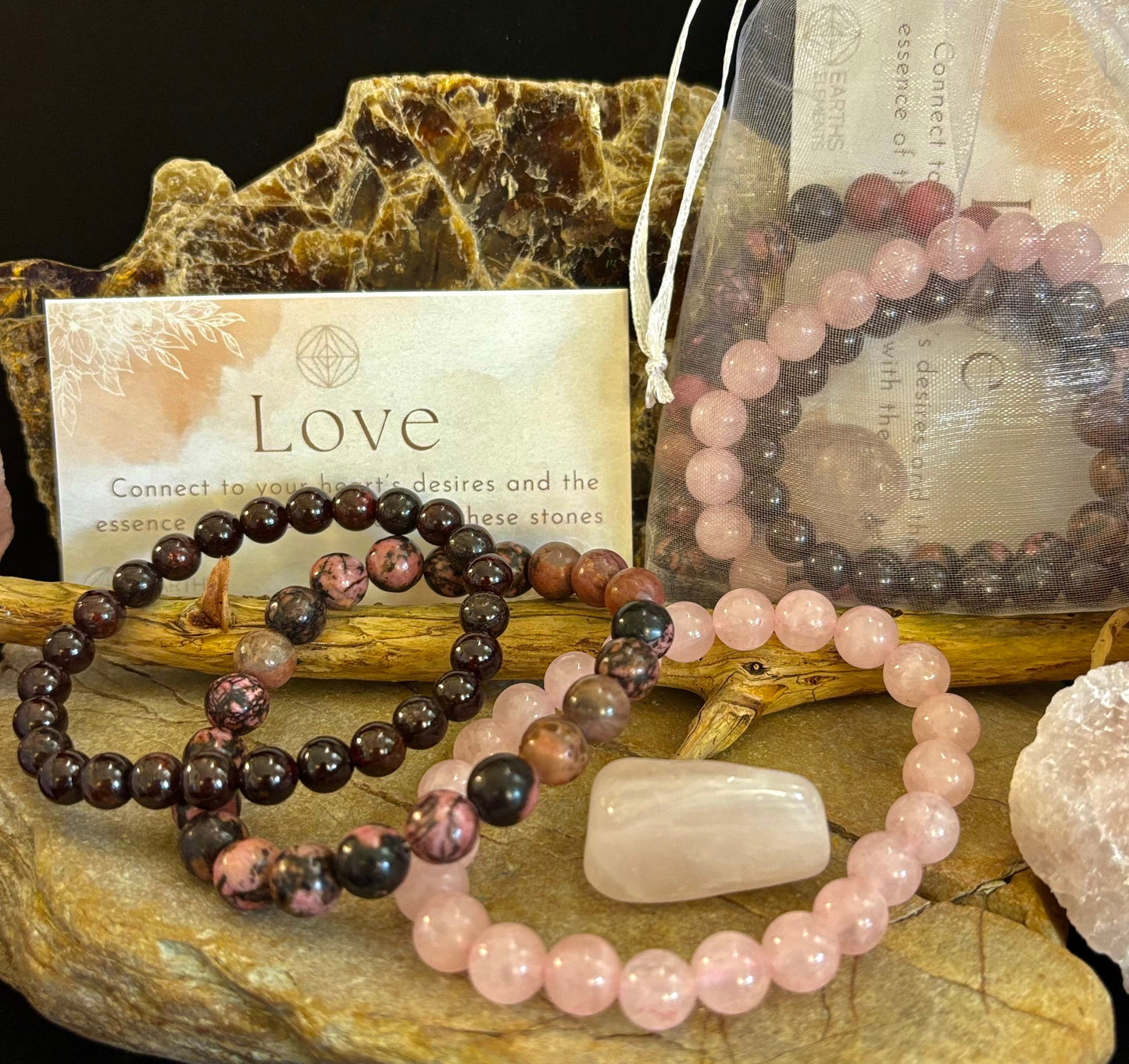 Conjunto de Pulseras de Intenciones – Amor (Cuarzo Rosa, Rodonita y Granate)