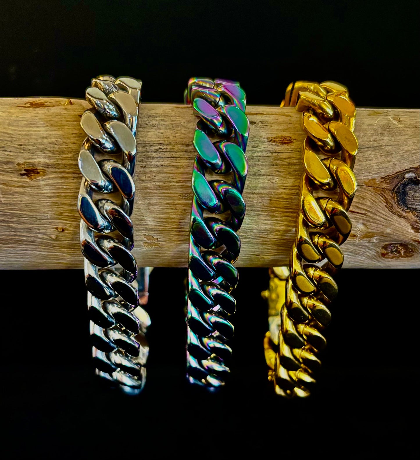 Pulsera de cadena de acero de titanio inclusiva para todos los géneros – Eslabón cubano de 22 cm, plata/oro/arcoíris