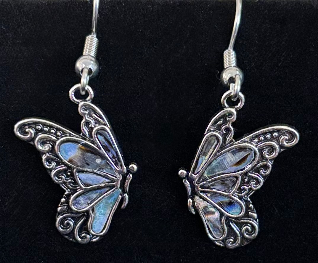 Pendientes de mariposa de abulón pequeños | Joyas colgantes con alas iridiscentes