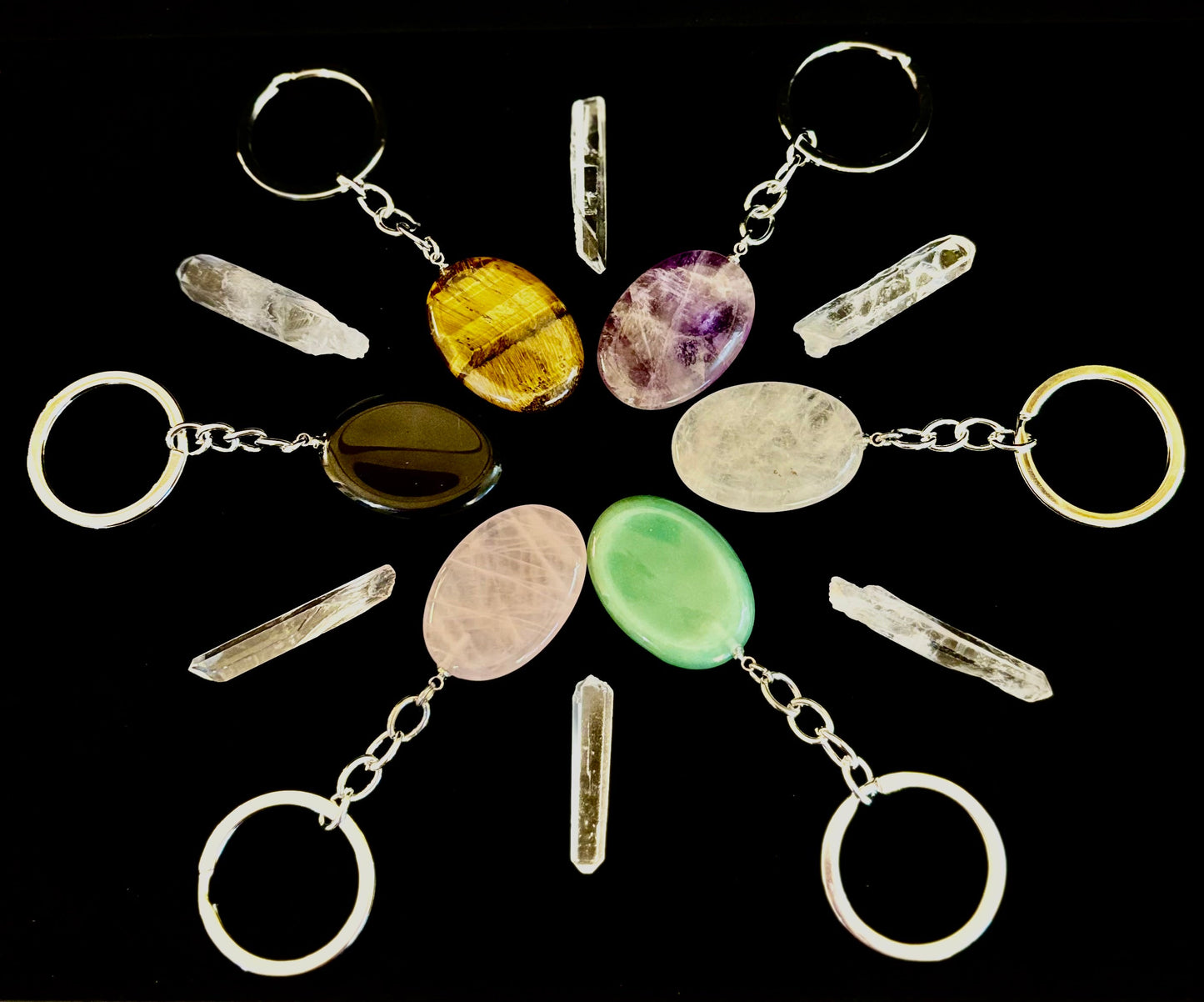 Llavero de piedra de preocupación de cristal natural – Amatista, cuarzo transparente, obsidiana, ojo de tigre, aventurina verde y cuarzo rosa (3,17 cm)