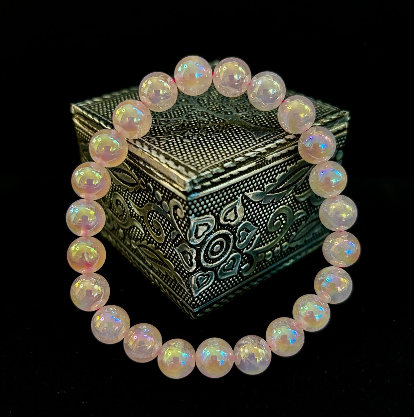 Pulsera de cristal de cuarzo rosa aura de 8 mm con reiki para el amor y la curación (muñecas medianas de 7,5”)