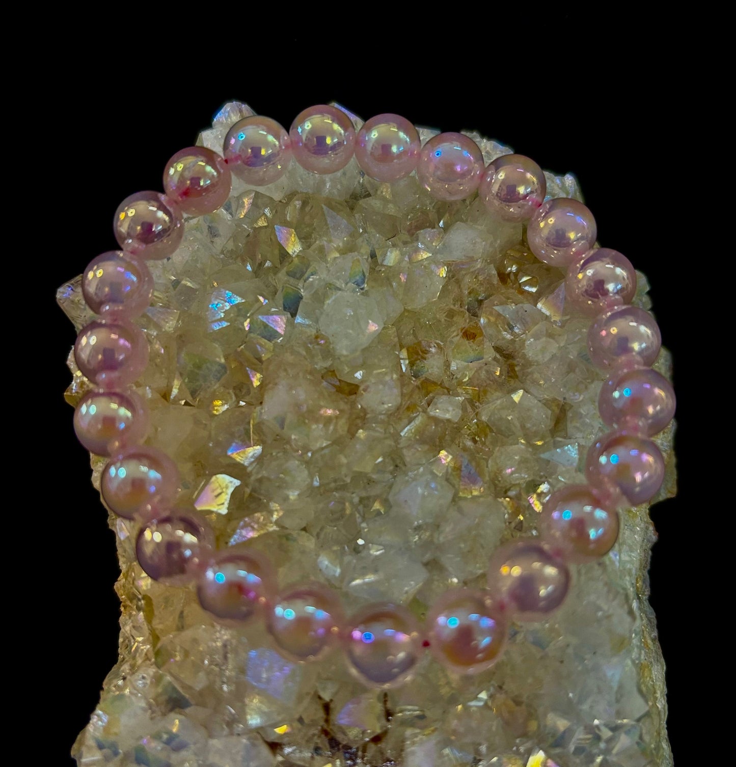 Pulsera de cristal de cuarzo rosa aura de 8 mm con reiki para el amor y la curación (muñecas medianas de 7,5”)