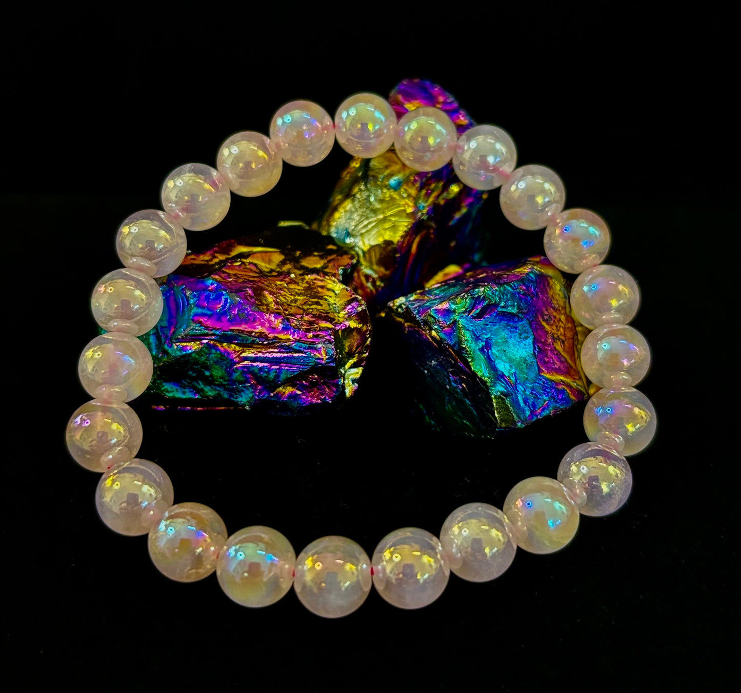 Pulsera de cristal de cuarzo rosa aura de 8 mm con reiki para el amor y la curación (muñecas medianas de 7,5”)