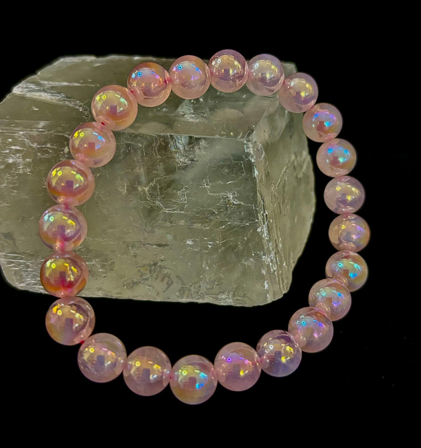Pulsera de cristal de cuarzo rosa aura de 8 mm con reiki para el amor y la curación (muñecas medianas de 7,5”)