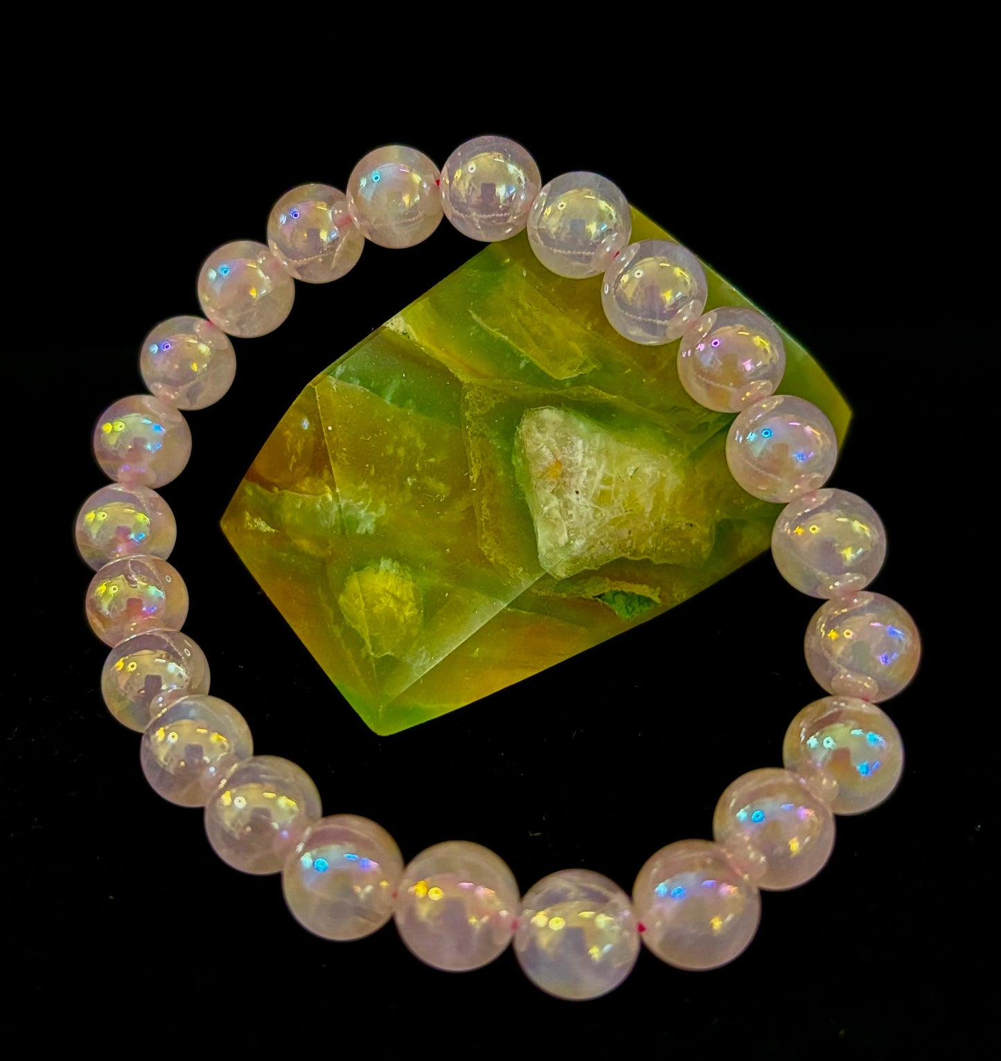 Pulsera de cristal de cuarzo rosa aura de 8 mm con reiki para el amor y la curación (muñecas medianas de 7,5”)