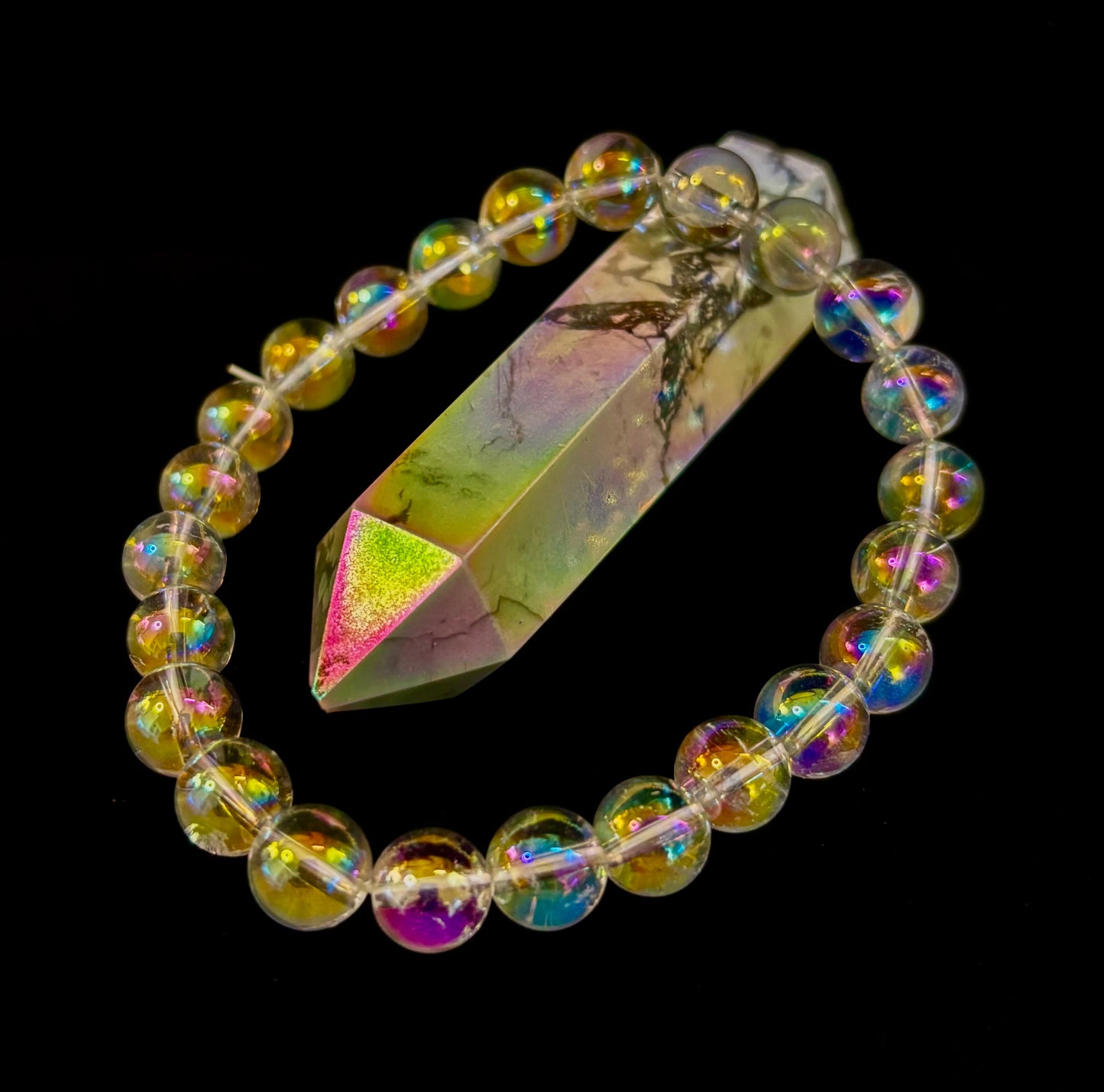 Pulsera de cristal curativo con cuarzo claro Aura Angel de 8mm, infundido con Reiki (7.5” para muñecas medianas)