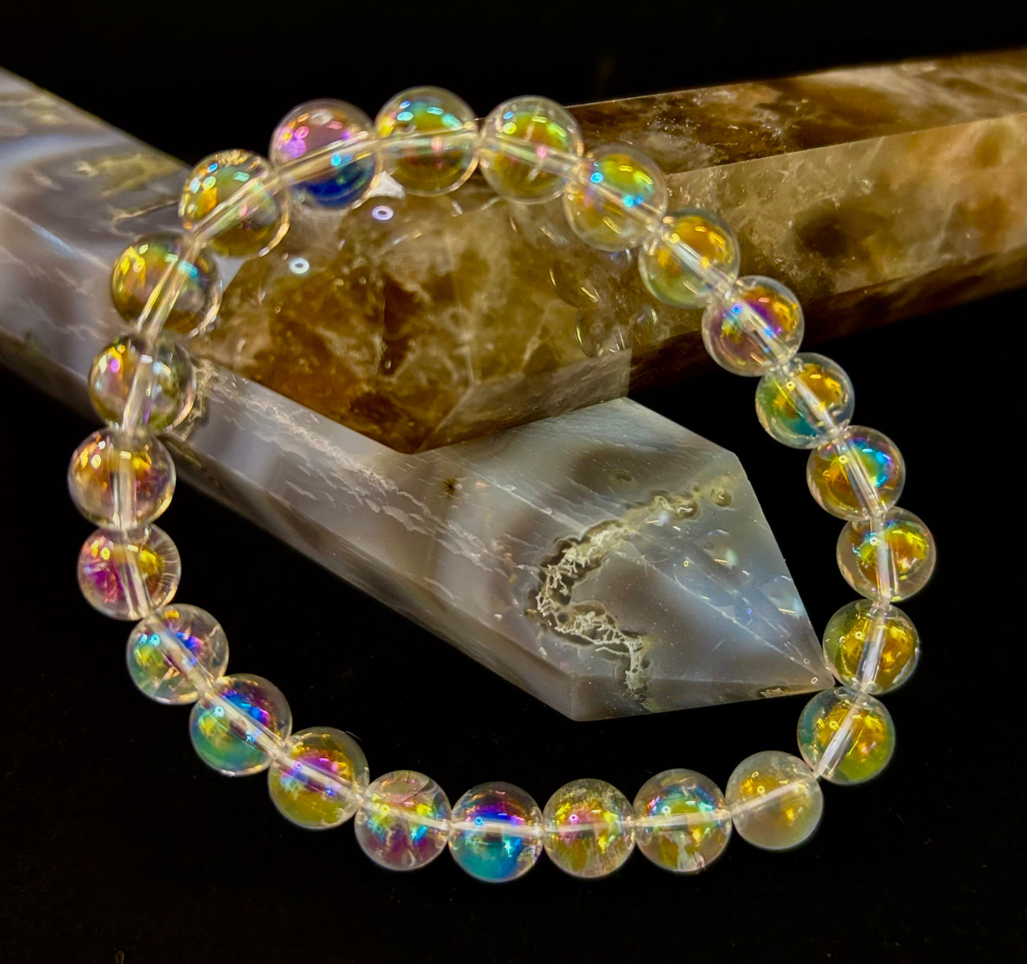 Pulsera de cristal curativo con cuarzo claro Aura Angel de 8mm, infundido con Reiki (7.5” para muñecas medianas)
