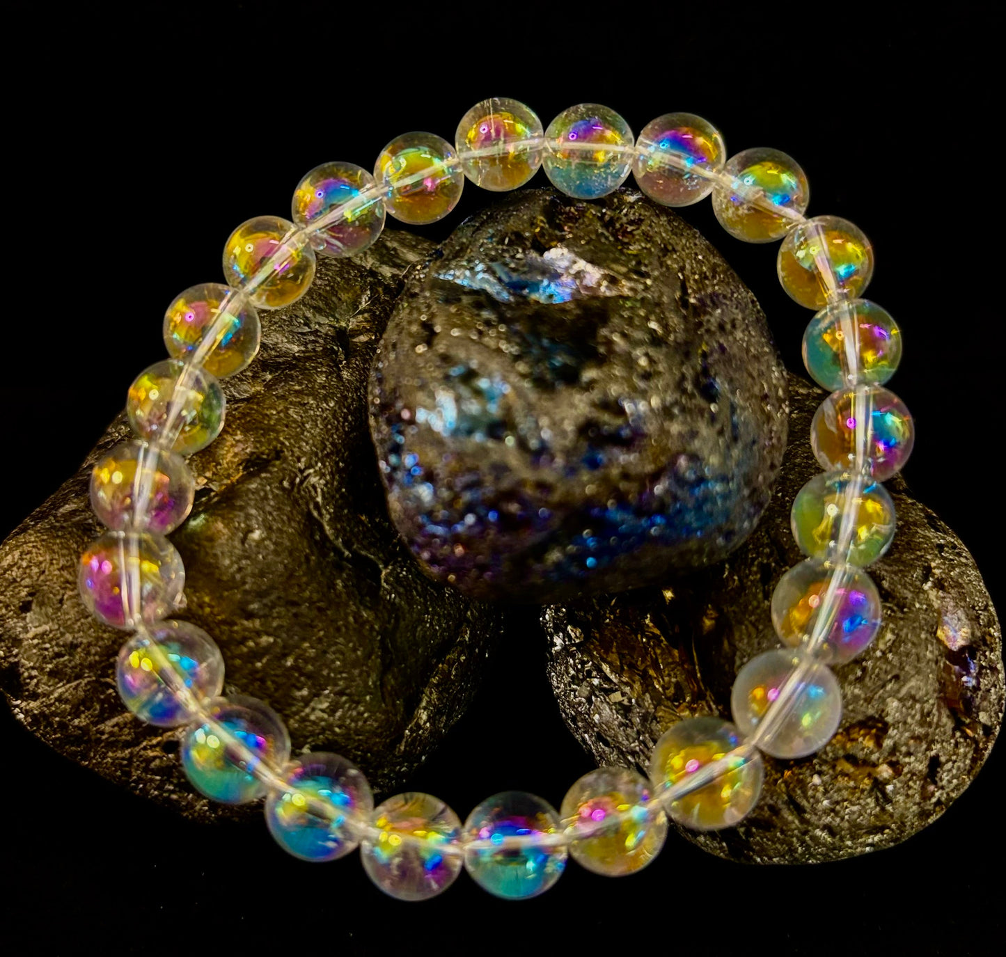 Pulsera de cristal curativo con cuarzo claro Aura Angel de 8mm, infundido con Reiki (7.5” para muñecas medianas)