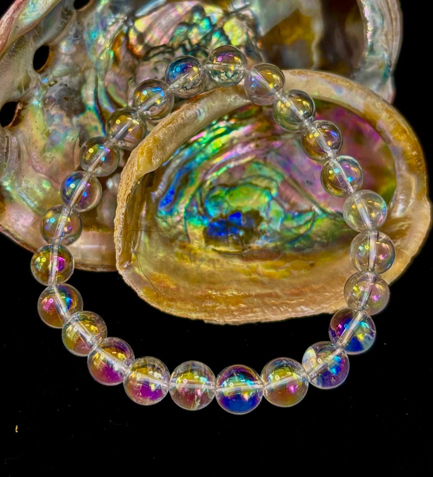 Pulsera de cristal curativo con cuarzo claro Aura Angel de 8mm, infundido con Reiki (7.5” para muñecas medianas)