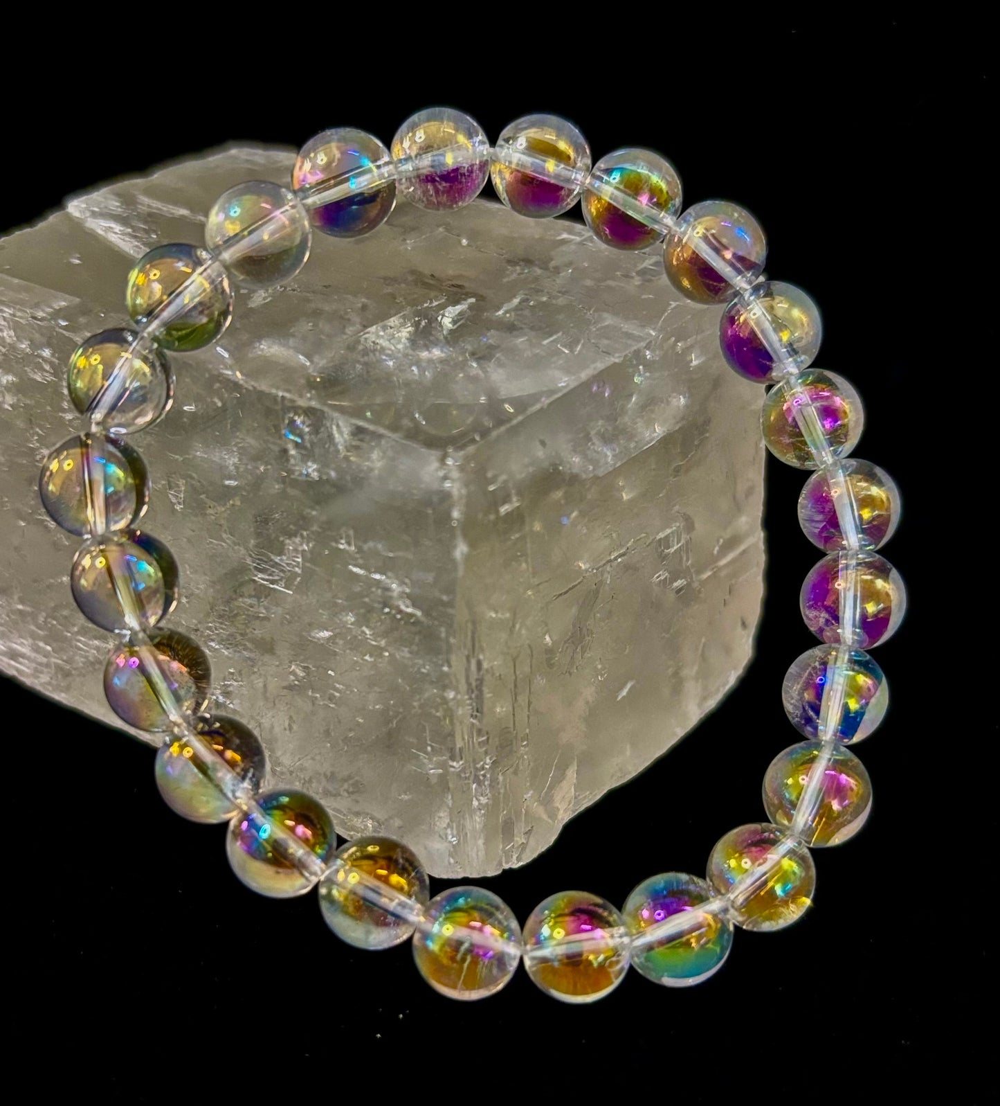 Pulsera de cristal curativo con cuarzo claro Aura Angel de 8mm, infundido con Reiki (7.5” para muñecas medianas)