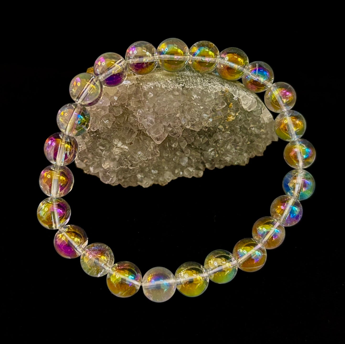 Pulsera de cristal curativo con cuarzo claro Aura Angel de 8mm, infundido con Reiki (7.5” para muñecas medianas)
