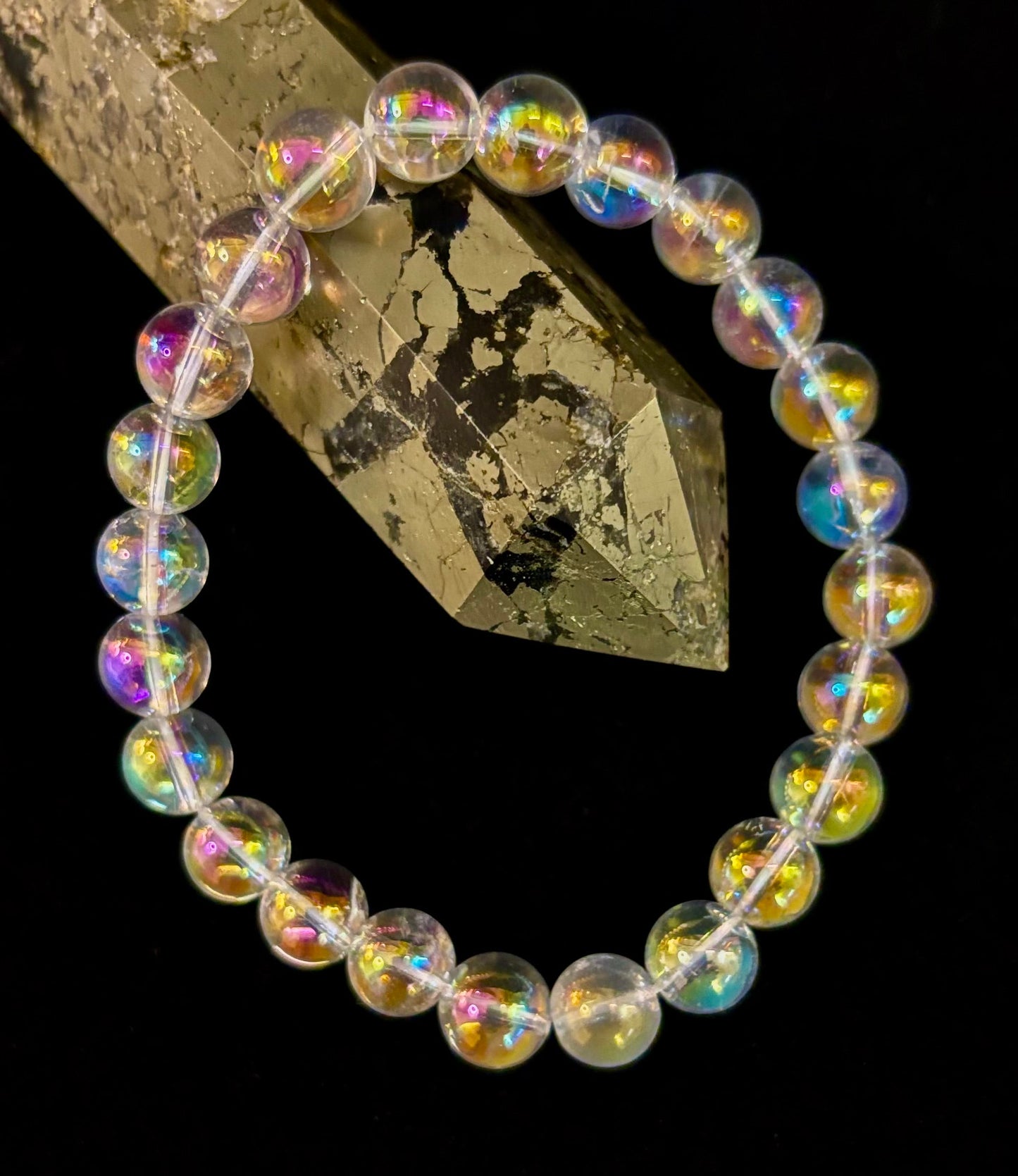 Pulsera de cristal curativo con cuarzo claro Aura Angel de 8mm, infundido con Reiki (7.5” para muñecas medianas)