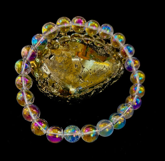 Pulsera de cristal curativo con cuarzo claro Aura Angel de 8mm, infundido con Reiki (7.5” para muñecas medianas)