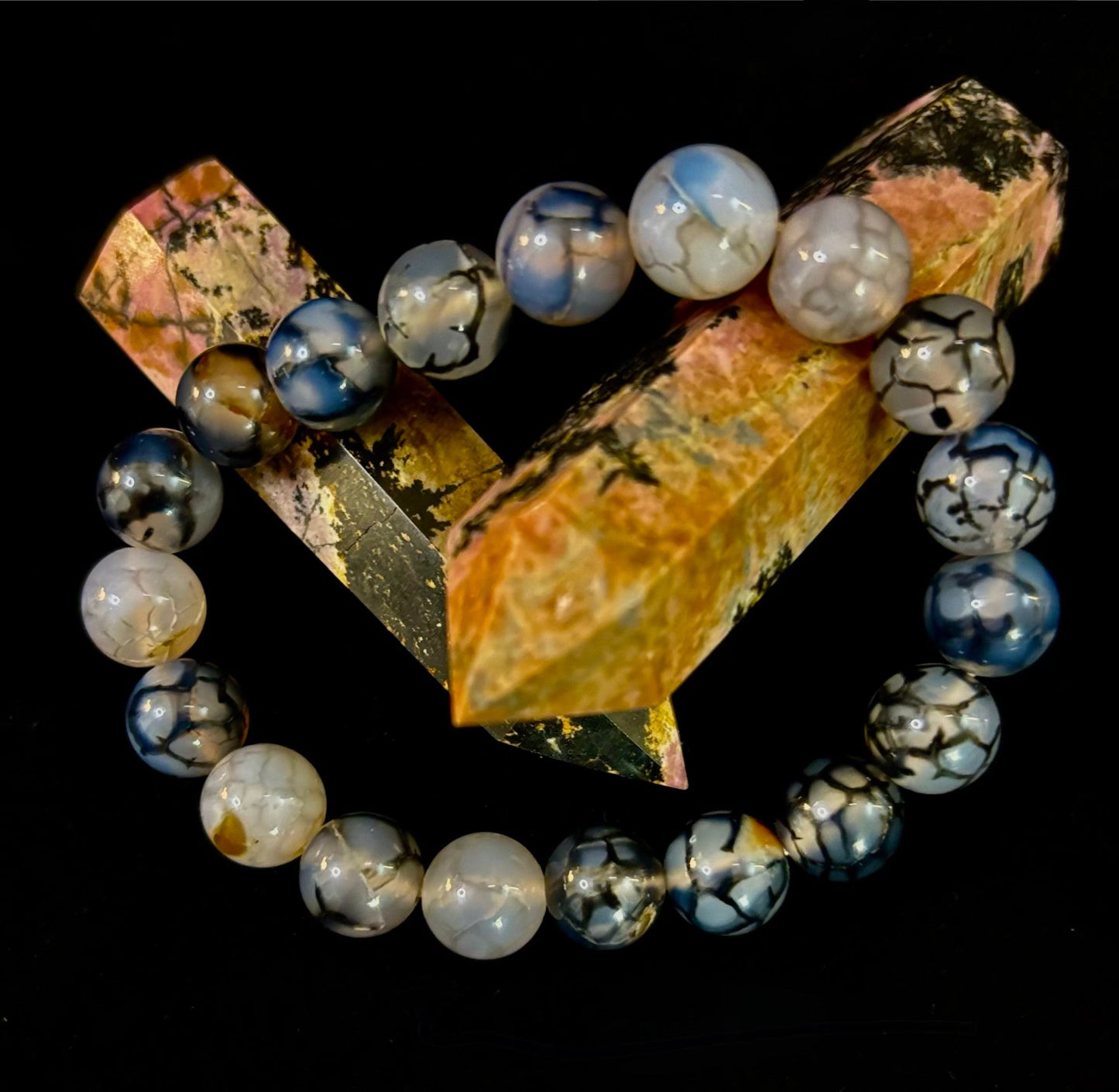 Pulsera de protección de ágata Veta de Dragón en blanco y negro con Reiki (muñecas medianas)