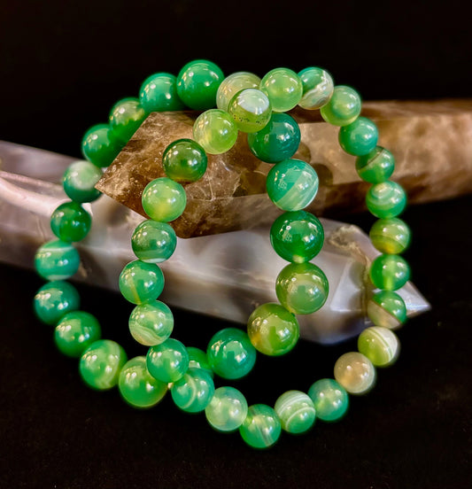 Pulsera de Sanación con Ágata Verde de Rayas Infundida con Reiki (8mm o 10mm) Muñecas Medianas