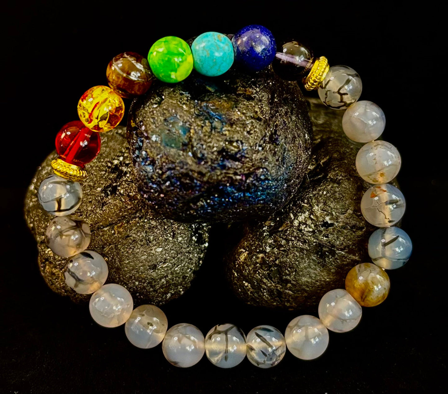 Pulsera de ágata Vena de Dragón de 7 chakras – Protección, Fuerza y Flujo de Energía