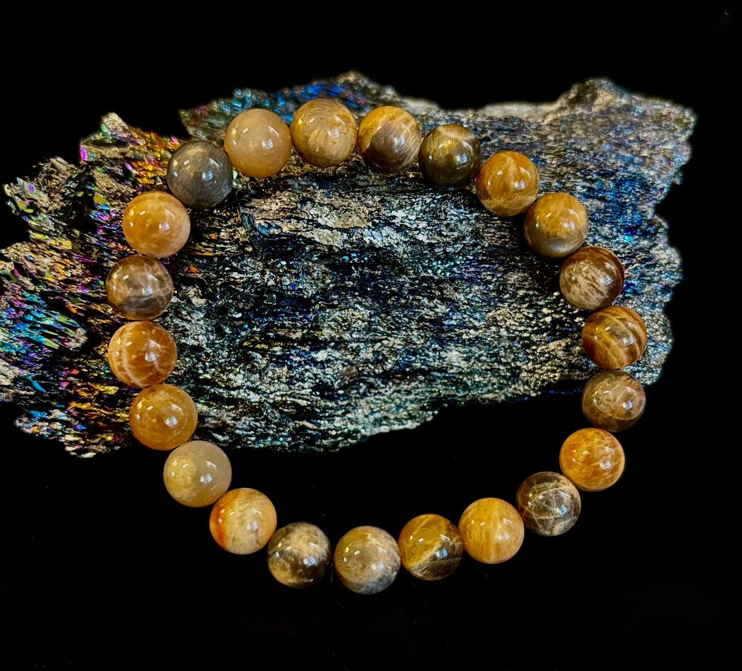 Pulsera de Piedra Luna Negra de 8mm Infundida con Reiki para la Intuición y Manifestación (Muñecas Medianas-Grandes)