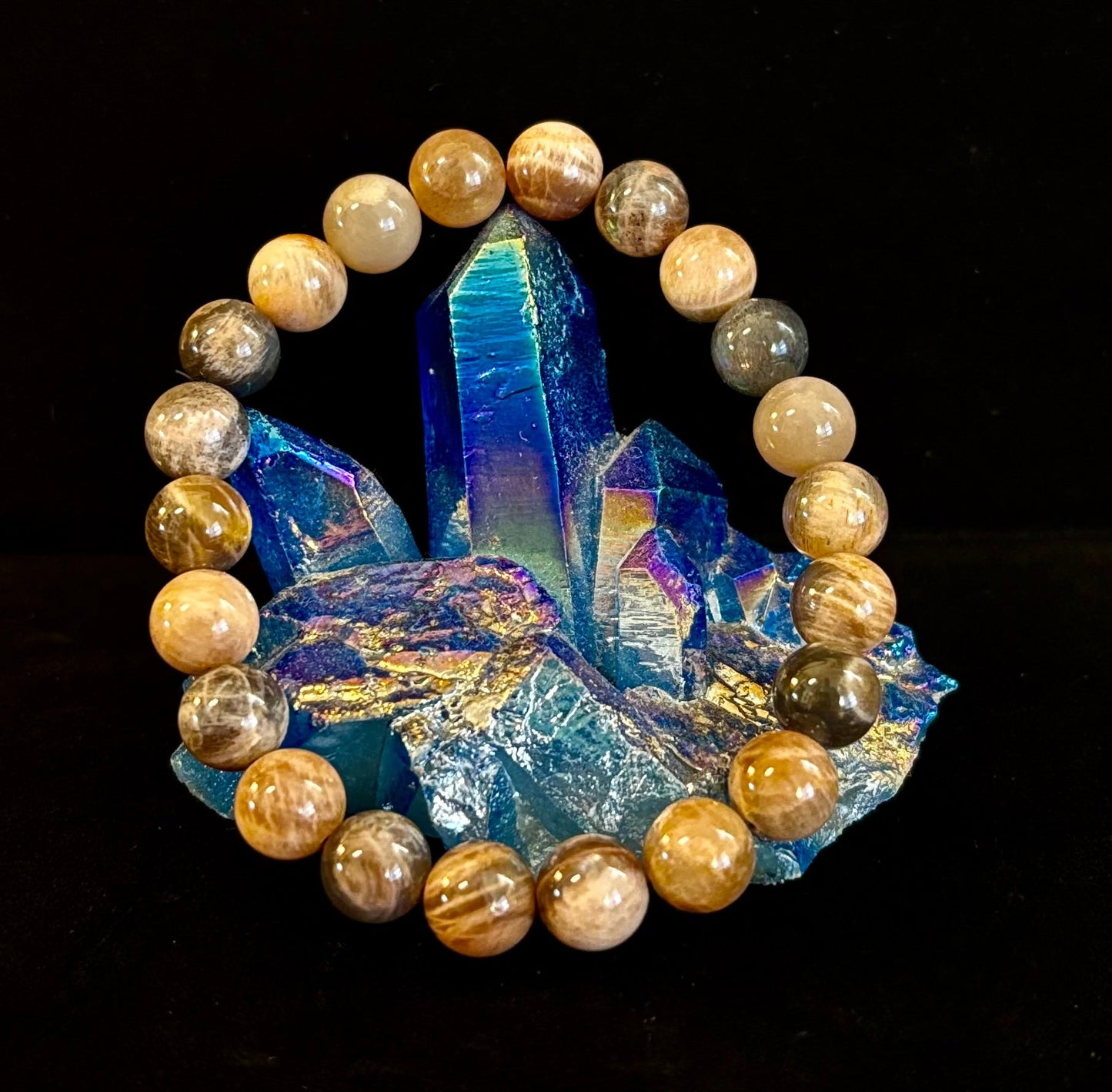 Pulsera de Piedra Luna Negra de 8mm Infundida con Reiki para la Intuición y Manifestación (Muñecas Medianas-Grandes)
