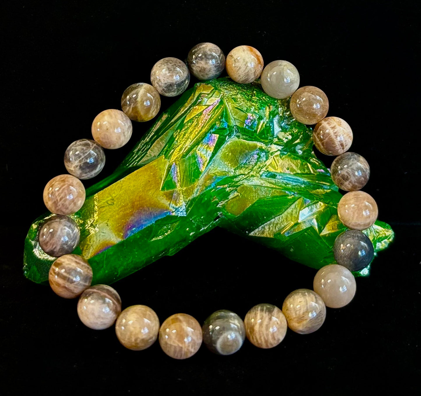 Pulsera de Piedra Luna Negra de 8mm Infundida con Reiki para la Intuición y Manifestación (Muñecas Medianas-Grandes)