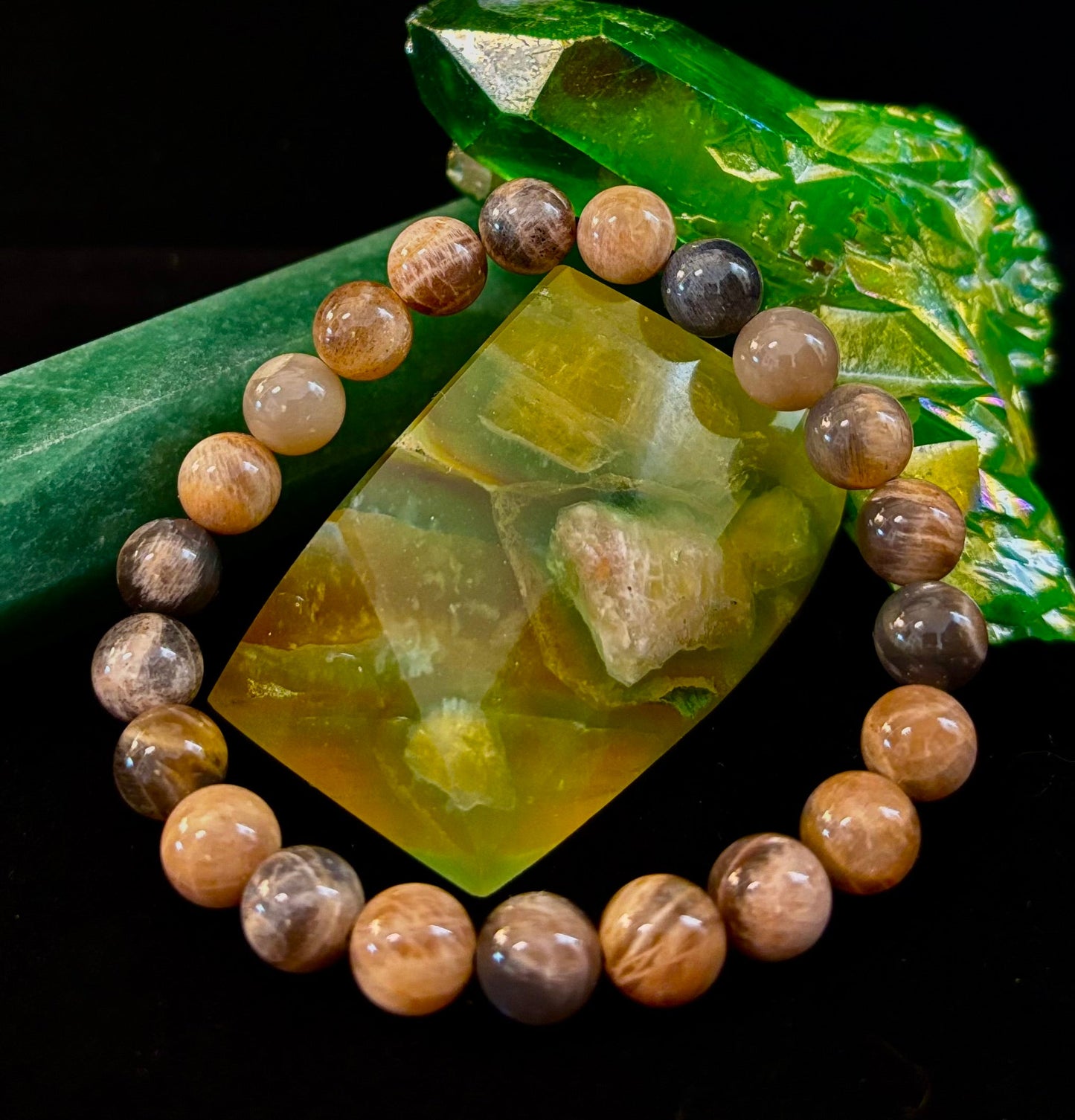 Pulsera de Piedra Luna Negra de 8mm Infundida con Reiki para la Intuición y Manifestación (Muñecas Medianas-Grandes)