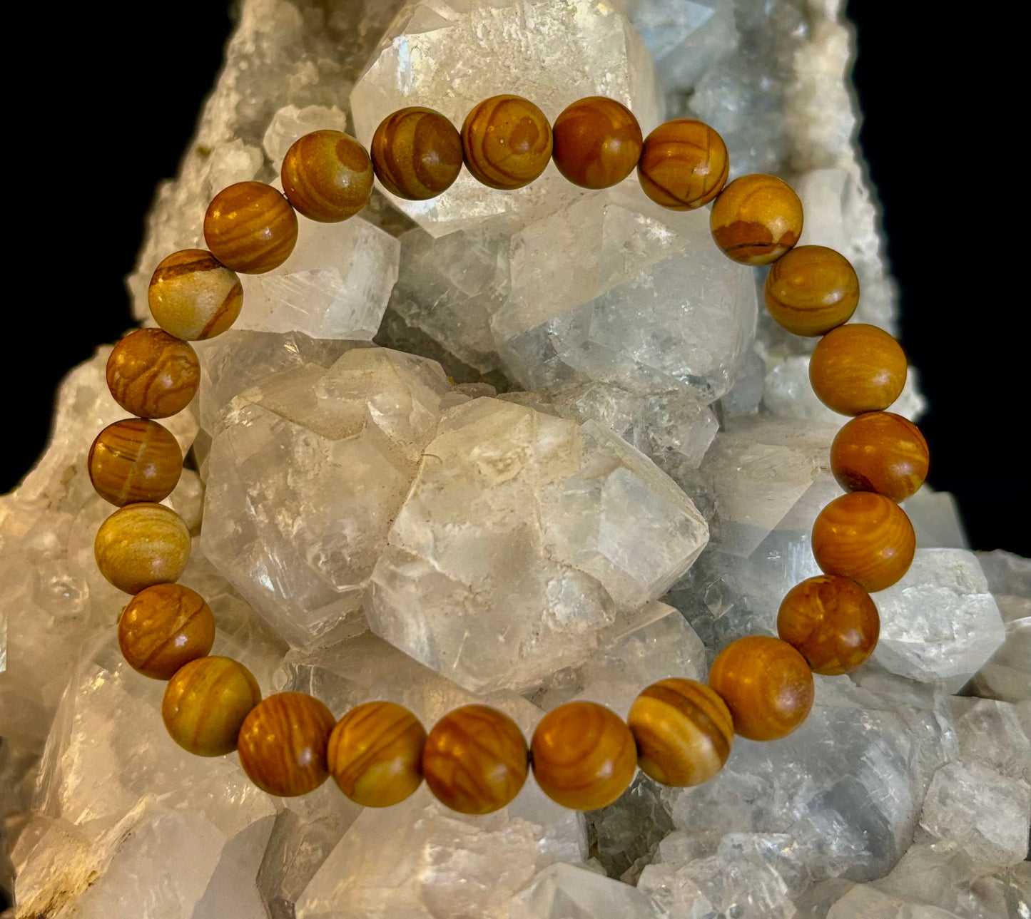 Pulsera de Ágata Encaje de Madera de 8 mm Infundida con Reiki para Conexión a Tierra y Manifestación (Muñecas Medianas-Grandes)