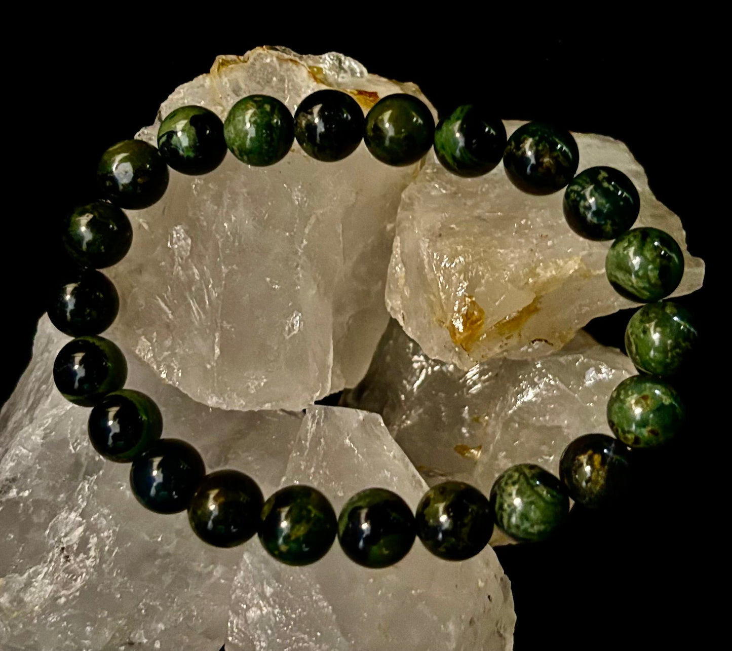 Pulsera de Jaspe Kambaba 8mm, Infundida con Reiki, para Paz y Manifestación (Muñecas Medianas-Grandes)