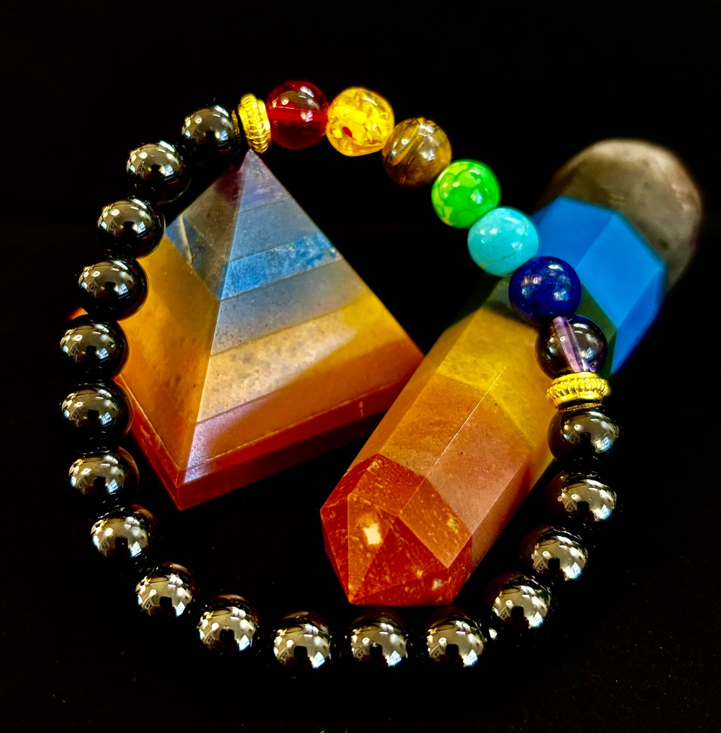 Pulsera de equilibrio y protección con infusión de Reiki, 7 chakras y ónix negro (muñeca mediana)