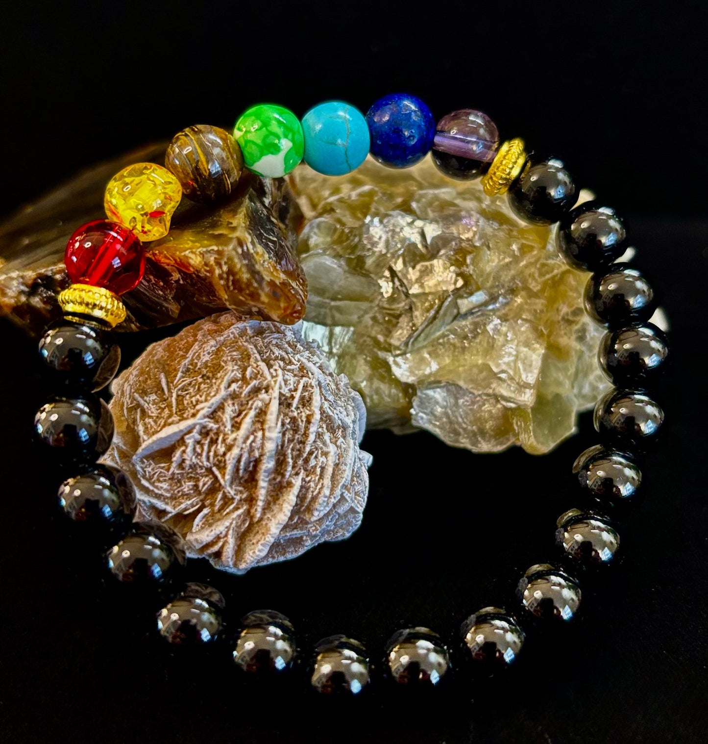 Pulsera de equilibrio y protección con infusión de Reiki, 7 chakras y ónix negro (muñeca mediana)