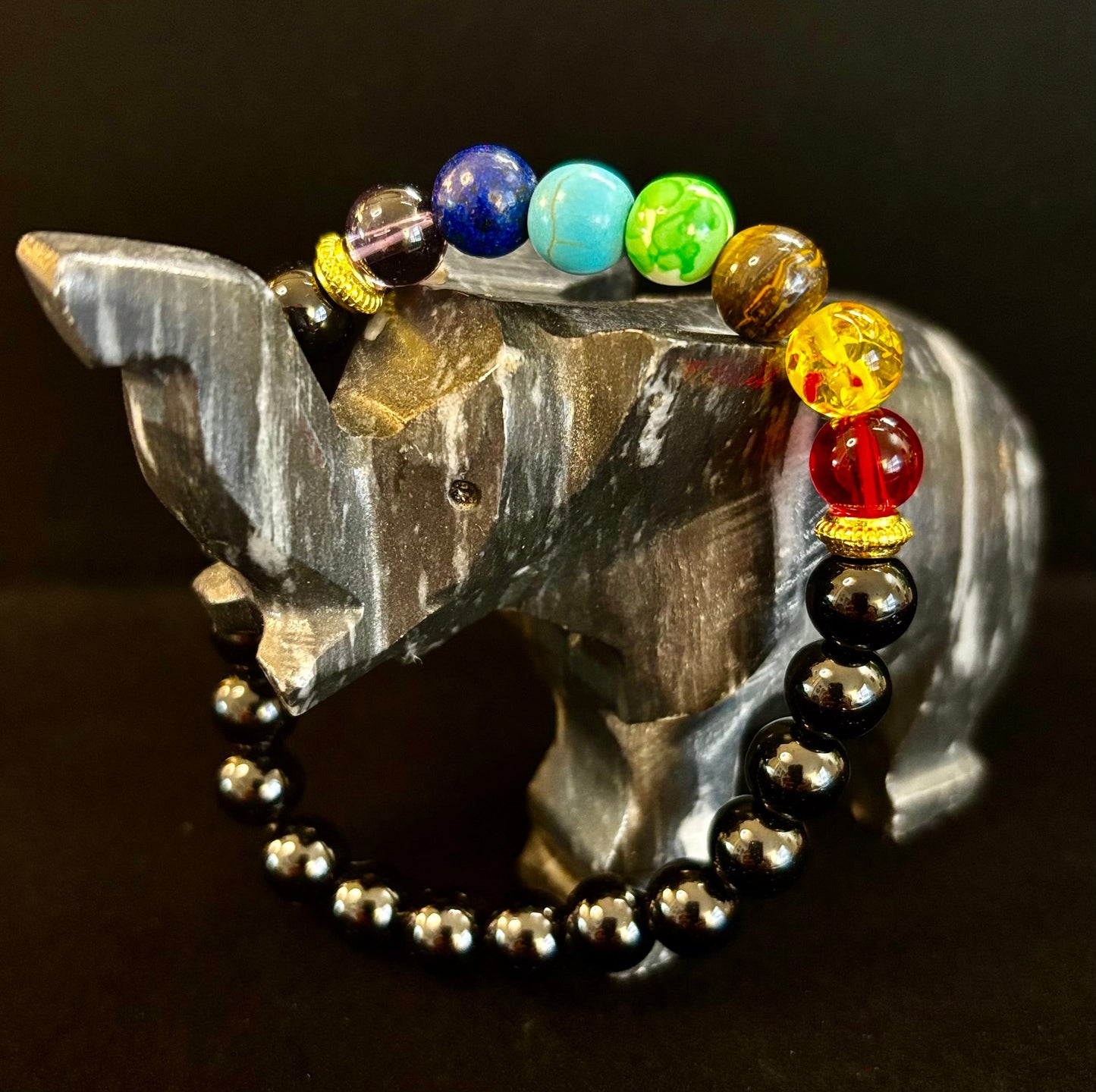 Pulsera de equilibrio y protección con infusión de Reiki, 7 chakras y ónix negro (muñeca mediana)