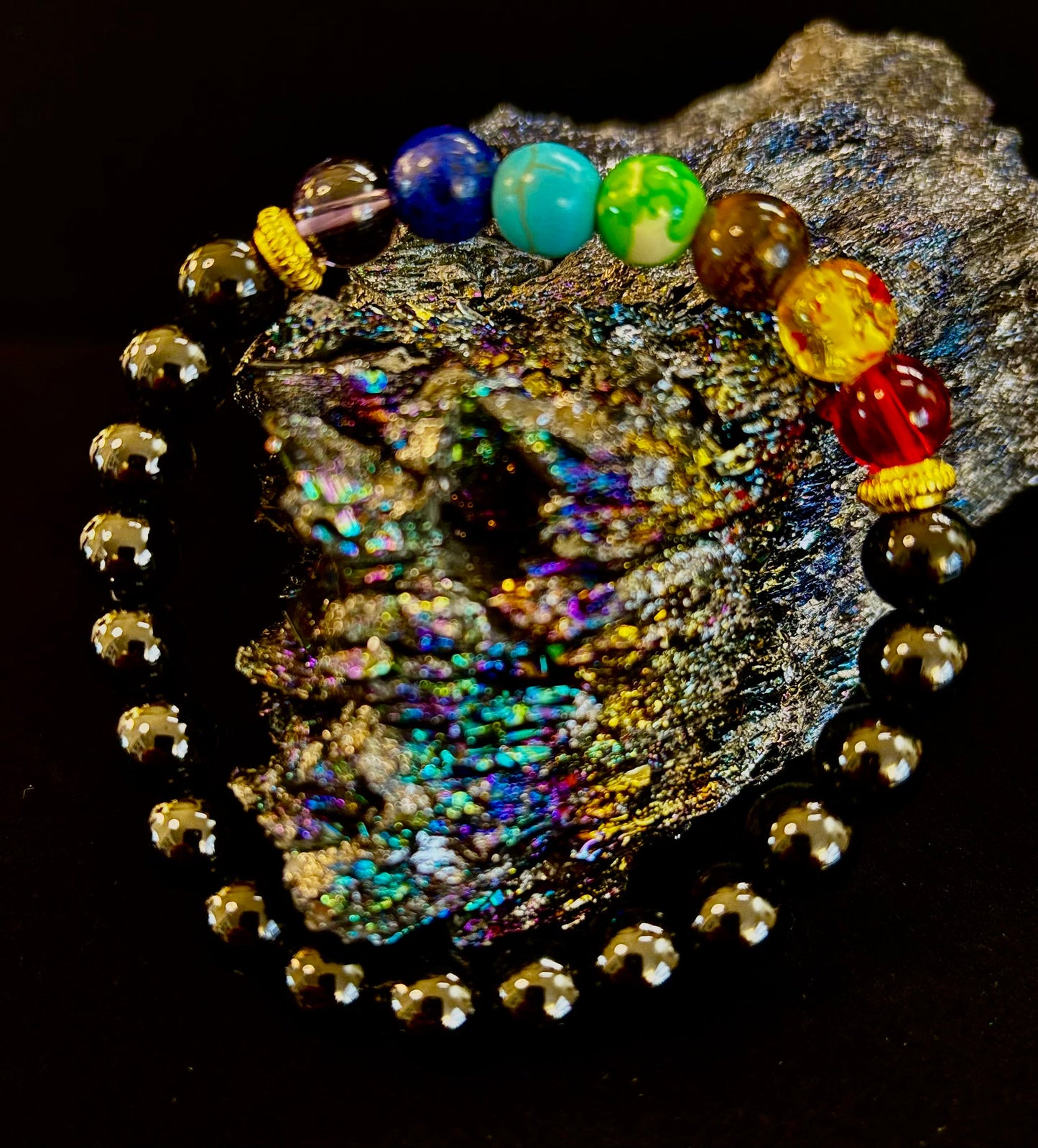 Pulsera de equilibrio y protección con infusión de Reiki, 7 chakras y ónix negro (muñeca mediana)