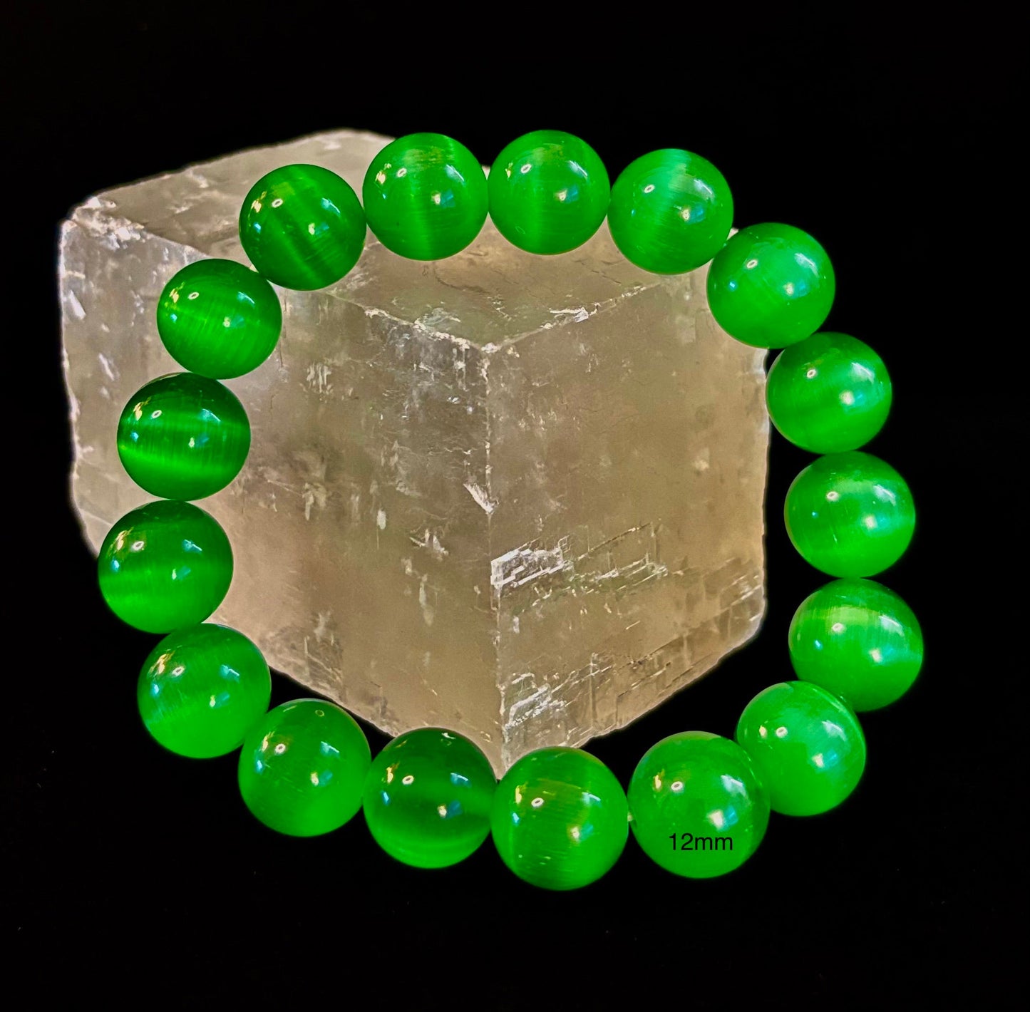 Pulsera de cuentas de cristal de ojo de gato verde (8, 10 y 12 mm para muñecas pequeñas y medianas)