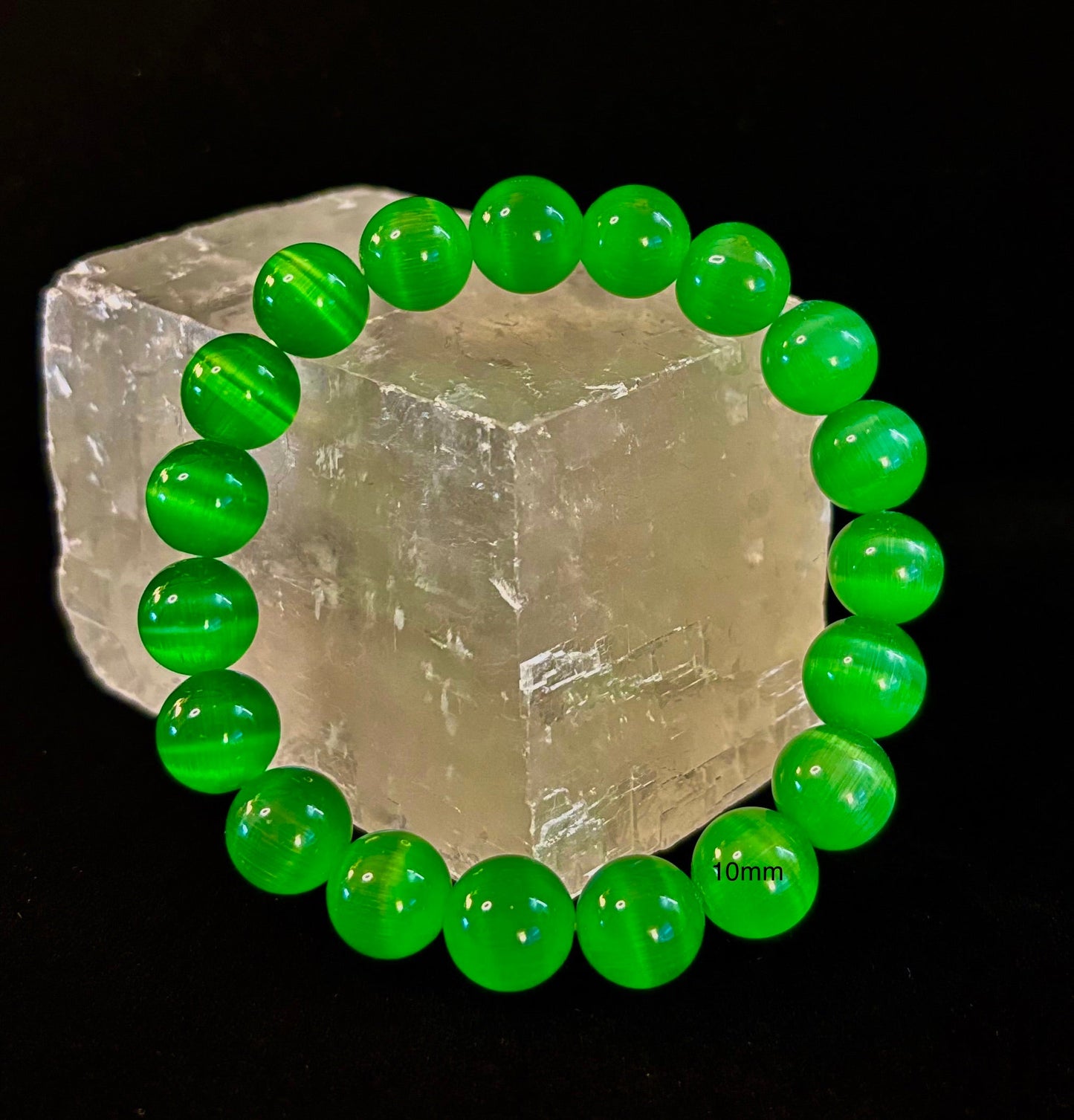 Pulsera de cuentas de cristal de ojo de gato verde (8, 10 y 12 mm para muñecas pequeñas y medianas)