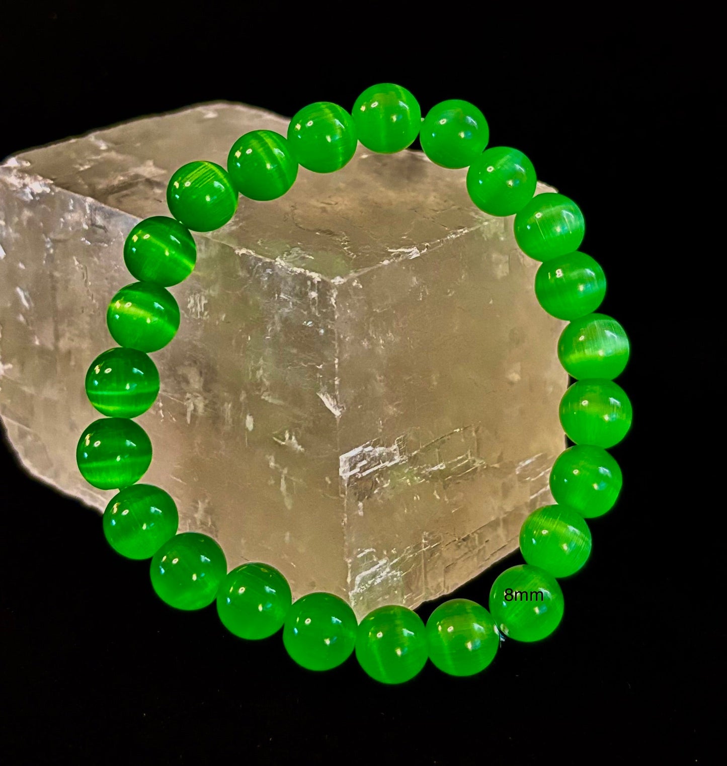 Pulsera de cuentas de cristal de ojo de gato verde (8, 10 y 12 mm para muñecas pequeñas y medianas)