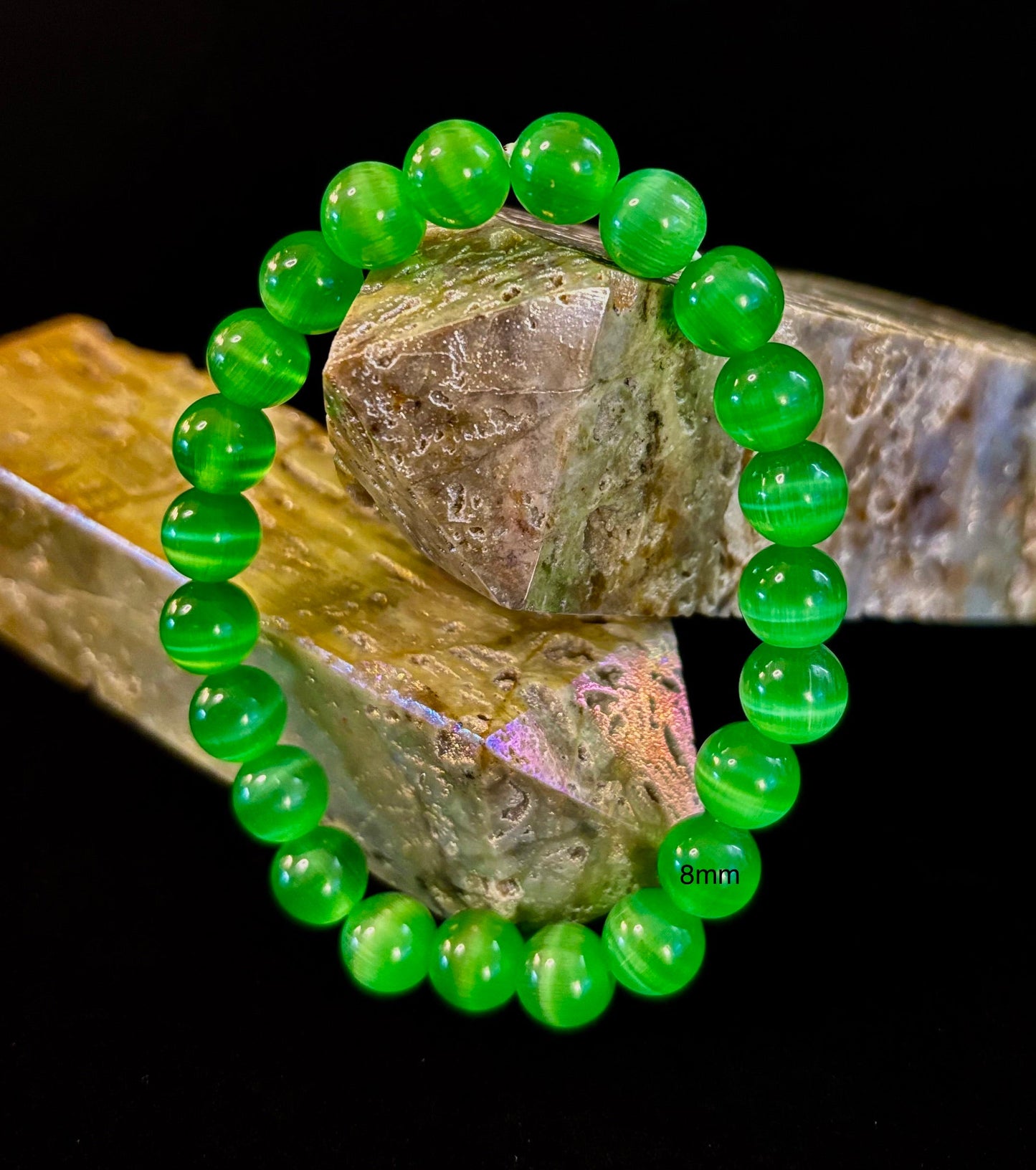 Pulsera de cuentas de cristal de ojo de gato verde (8, 10 y 12 mm para muñecas pequeñas y medianas)